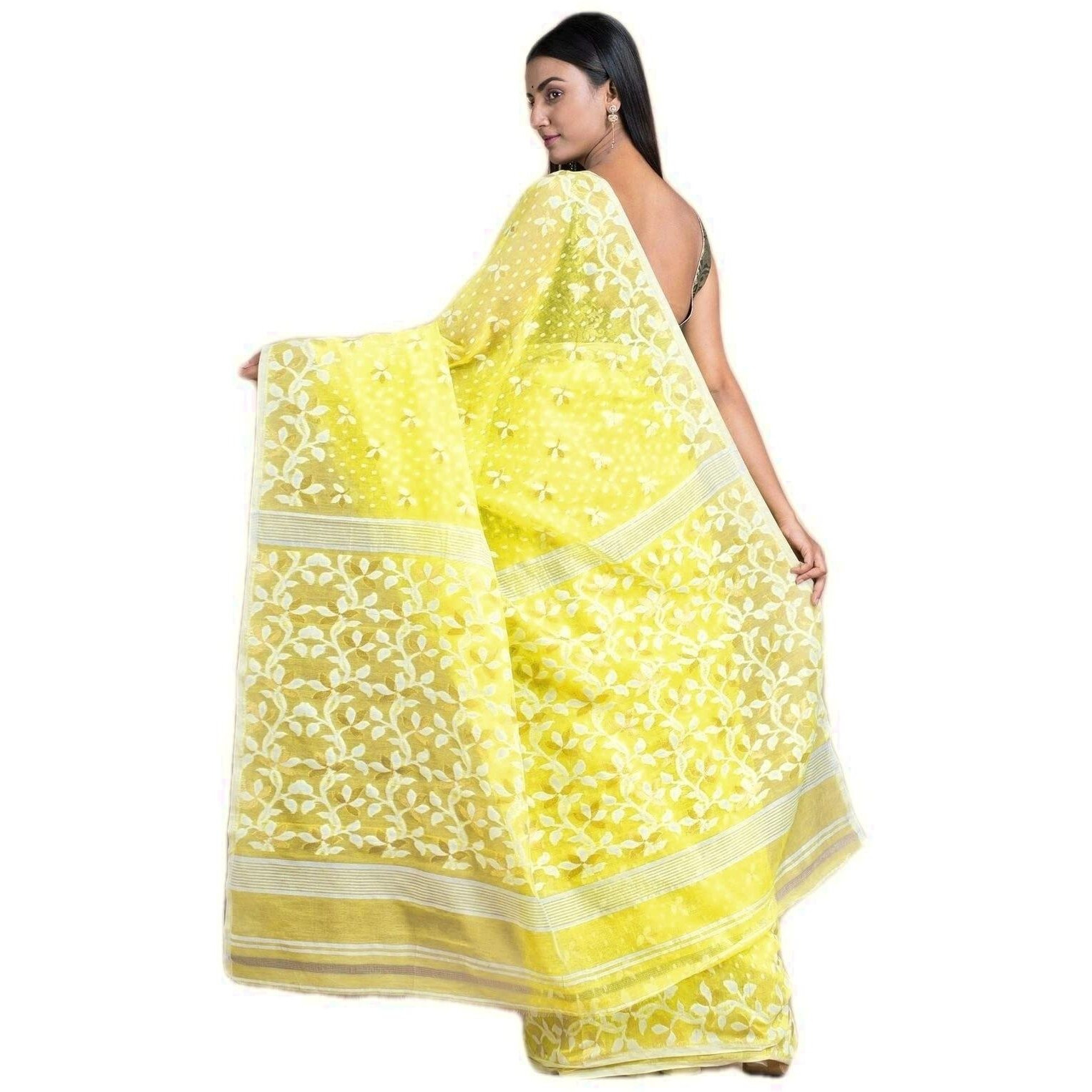 Laxmi Handloom Womens Traditional Bengal Cotton Silk Soft Jamdani Saree without Blouse Piece (Lemon Yellow)