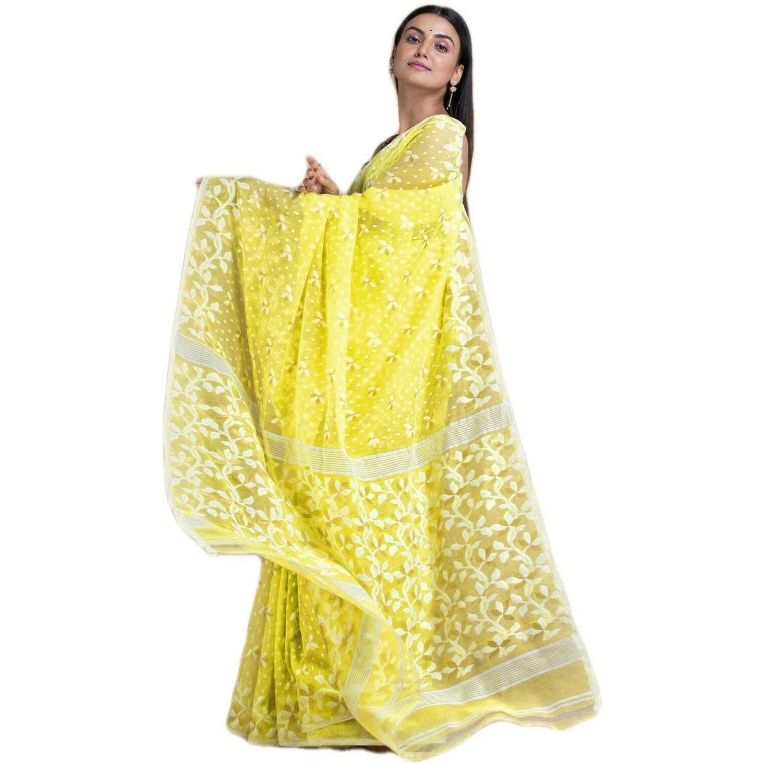 Laxmi Handloom Womens Traditional Bengal Cotton Silk Soft Jamdani Saree without Blouse Piece (Lemon Yellow)