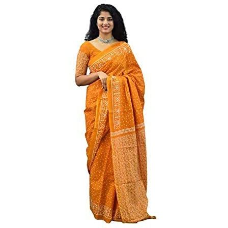 JALTHER Handicrafts Womens Ikat Hand Block Print Jaipuri Cotton Mulmul Saree with Blouse Piece Yellow