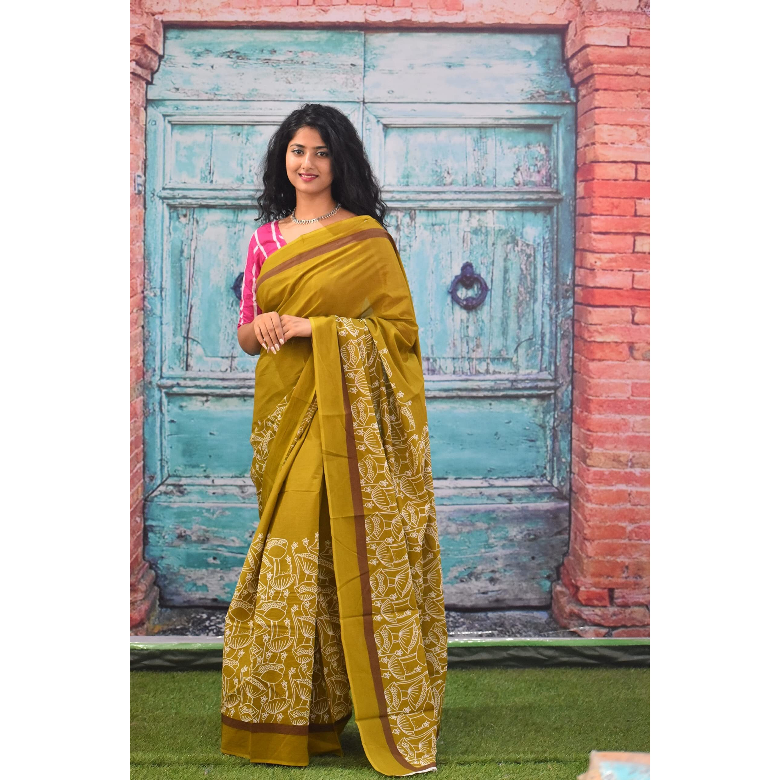 JALTHER Handicrafts Womens Ikat Hand Block Print Jaipuri Cotton Mulmul Saree with Blouse Piece - Mustard_342