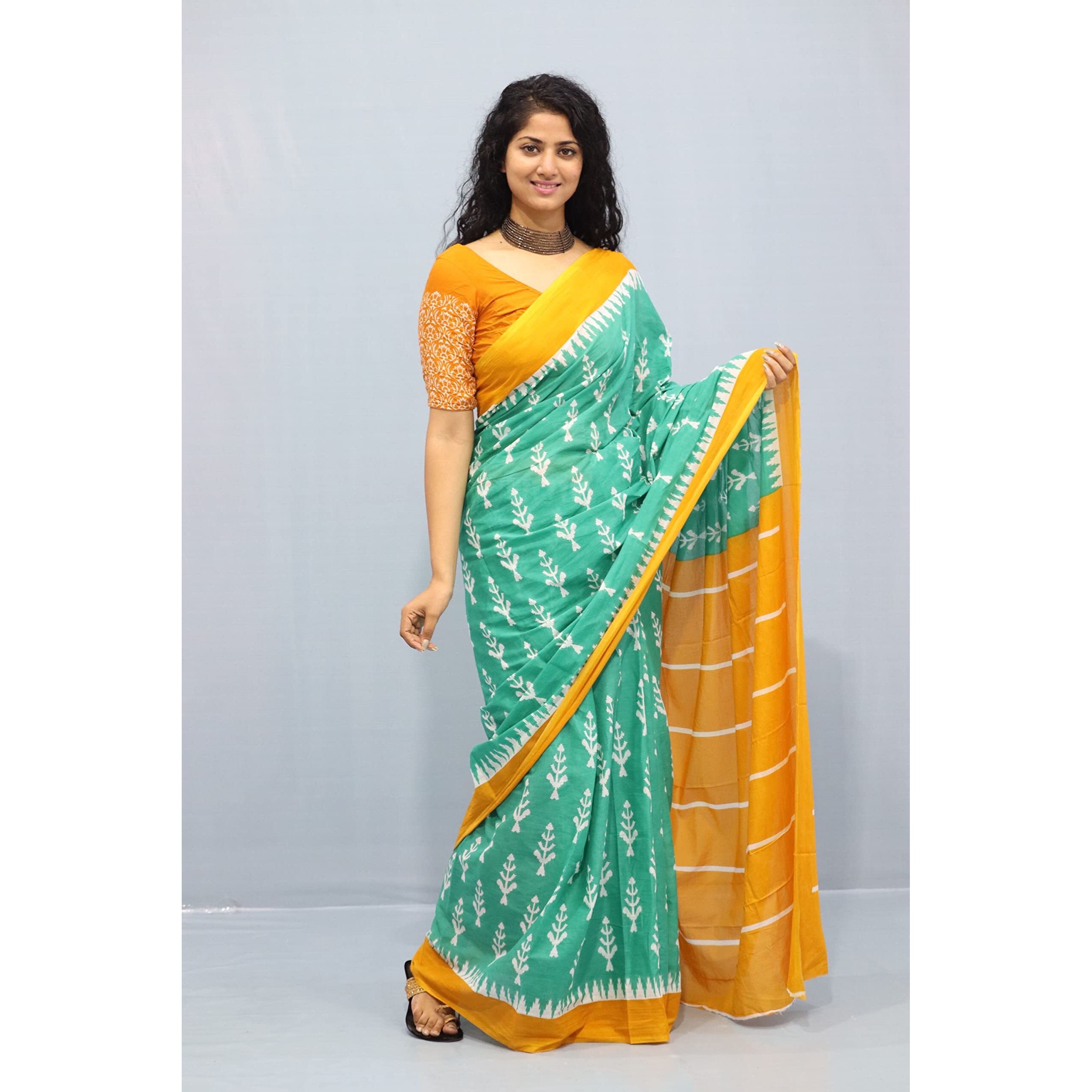 JALTHER Handicrafts Womens Ikat Hand Block Print Jaipuri Cotton Mulmul Saree with Blouse Piece - Green_337