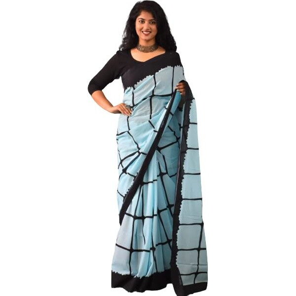 JALTHER Handicrafts Womens Ikat Hand Block Print Jaipuri Cotton Mulmul Saree with Blouse Piece - Turquiose_263
