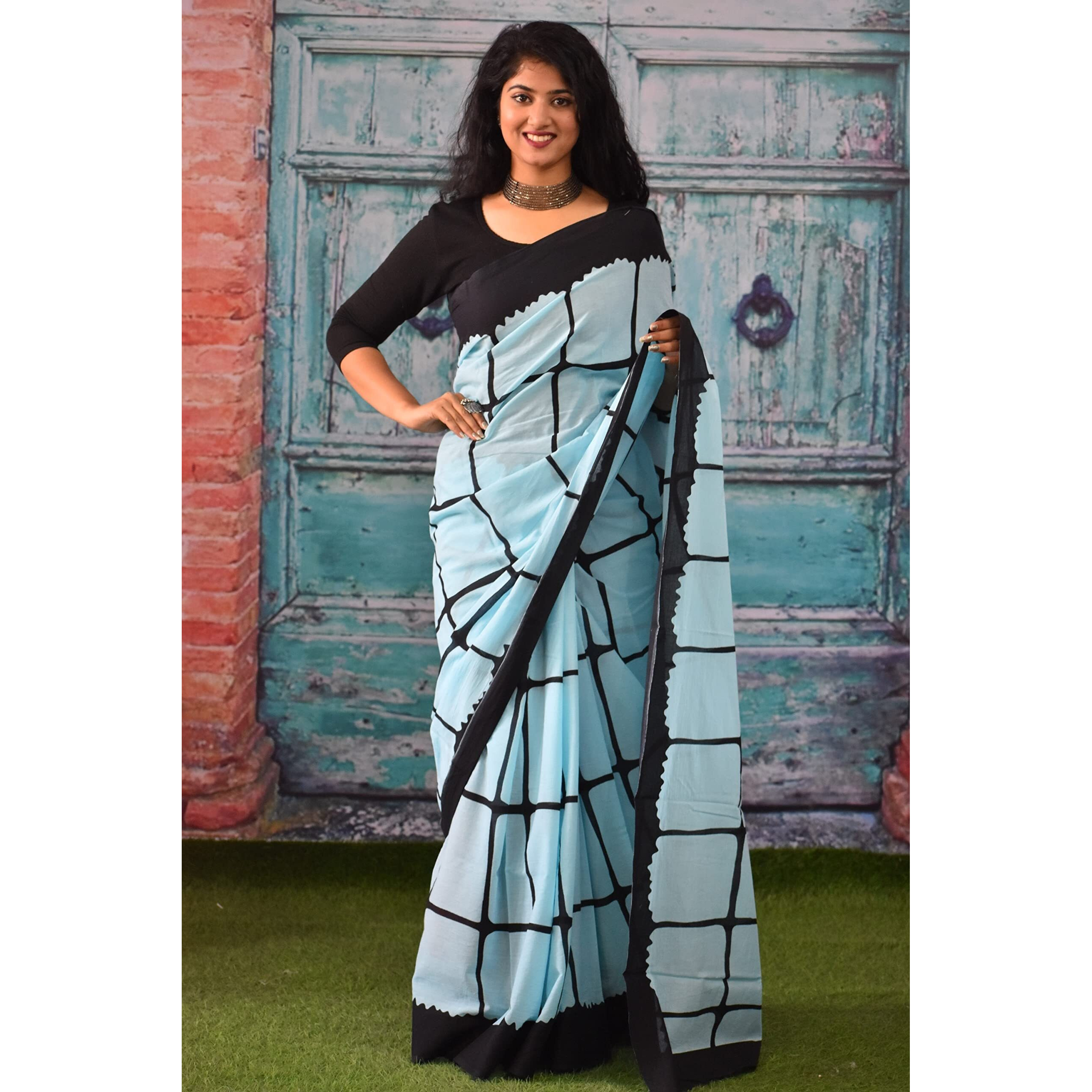 JALTHER Handicrafts Womens Ikat Hand Block Print Jaipuri Cotton Mulmul Saree with Blouse Piece - Turquiose_263