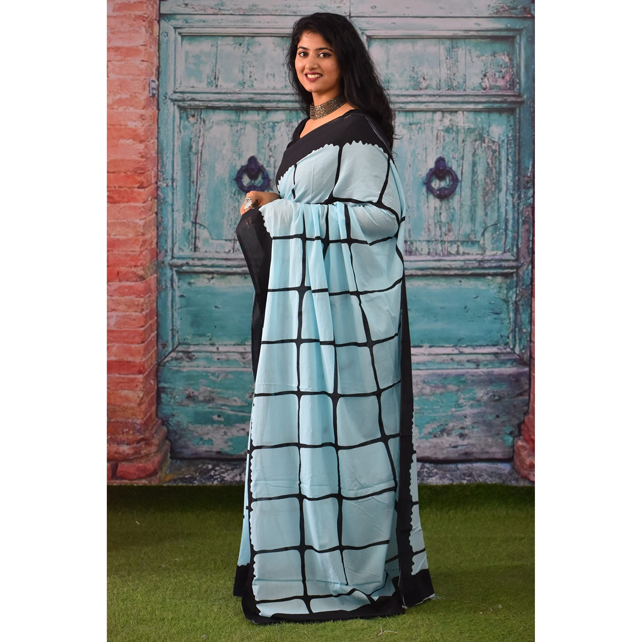 JALTHER Handicrafts Womens Ikat Hand Block Print Jaipuri Cotton Mulmul Saree with Blouse Piece - Turquiose_263