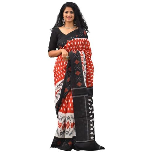 JALTHER Handicrafts Womens Ikat Hand Block Print Jaipuri Cotton Mulmul Saree with Blouse Piece - Red_234