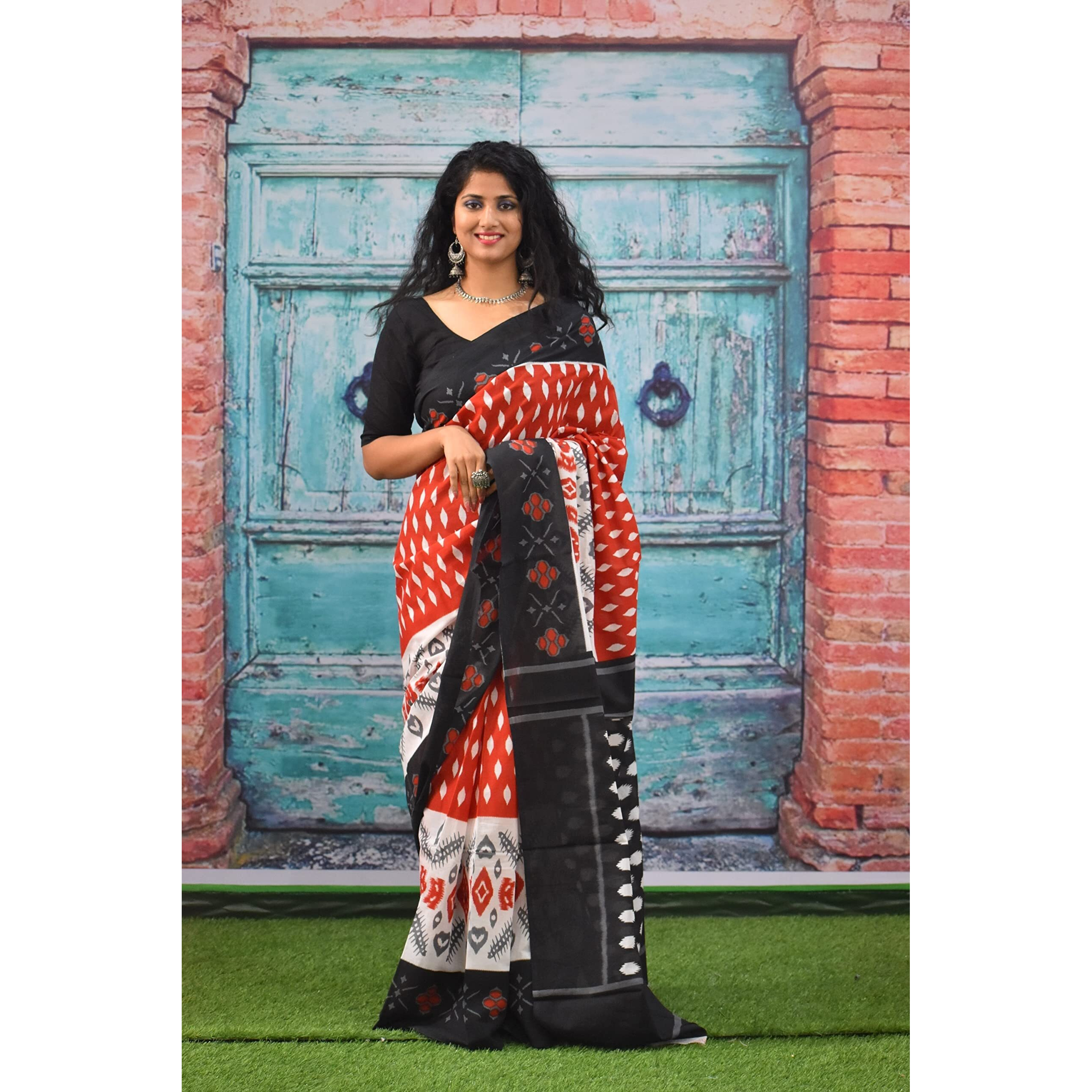 JALTHER Handicrafts Womens Ikat Hand Block Print Jaipuri Cotton Mulmul Saree with Blouse Piece - Red_234