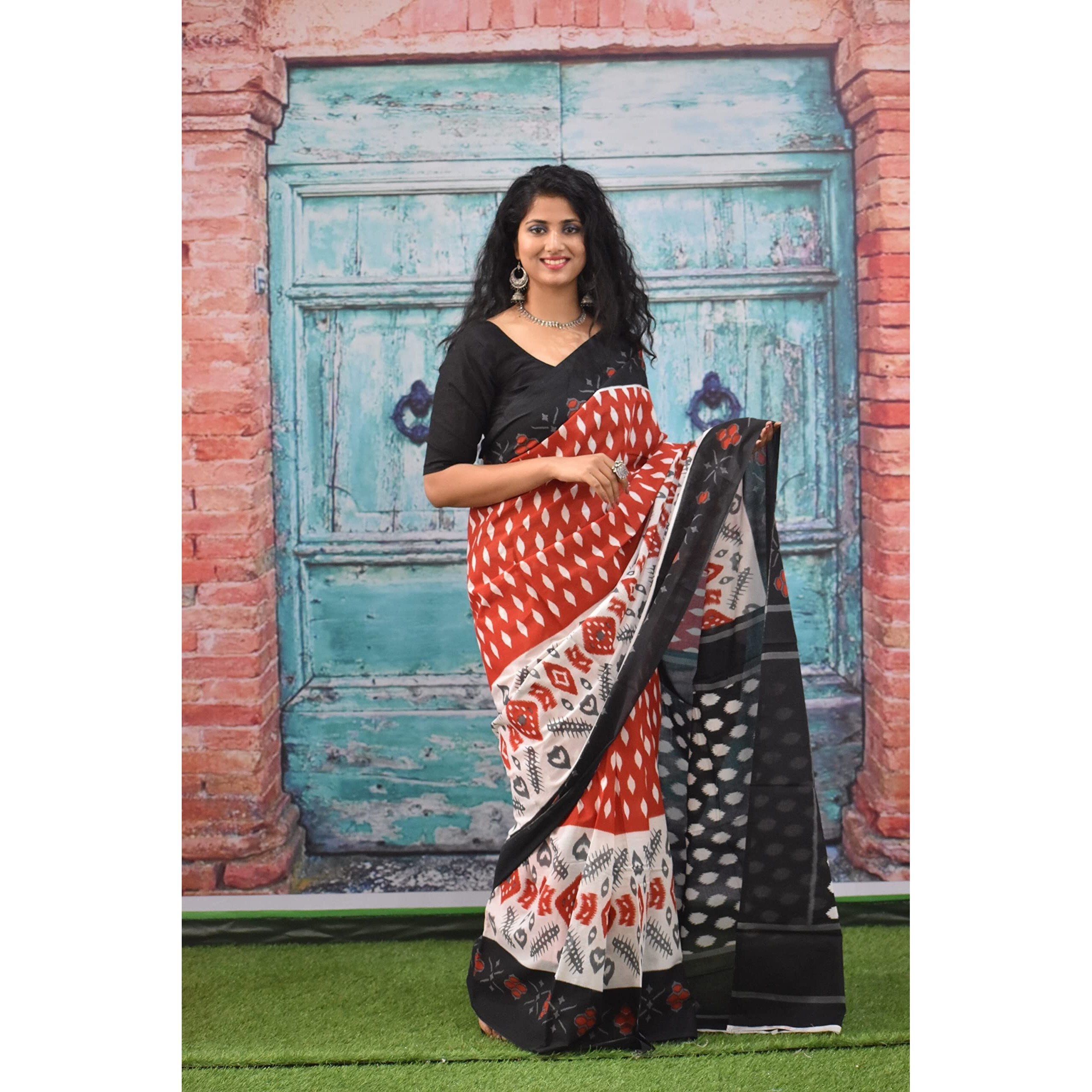 JALTHER Handicrafts Womens Ikat Hand Block Print Jaipuri Cotton Mulmul Saree with Blouse Piece - Red_234