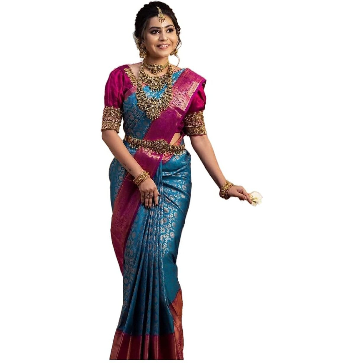 Sidhidata Womens Kanjivaram Banarasi Paithani Jacquard Silk Saree With Unstitched Blouse Piece (Sky Blue)