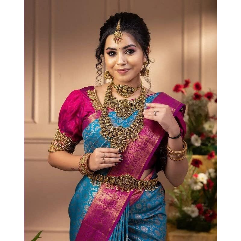 Sidhidata Womens Kanjivaram Banarasi Paithani Jacquard Silk Saree With Unstitched Blouse Piece (Sky Blue)