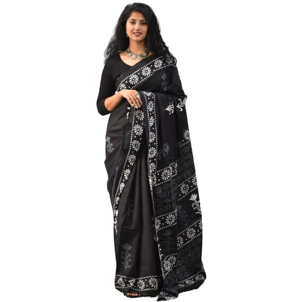 JALTHER Handicrafts Womens Ikat Hand Block Print Jaipuri Cotton Mulmul Saree with Blouse Piece - Black_012