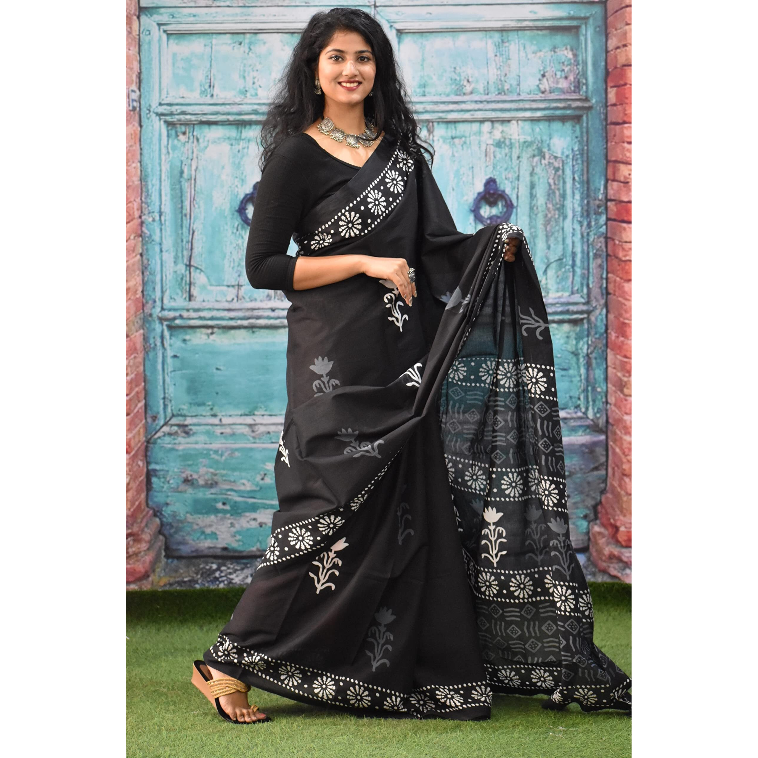 JALTHER Handicrafts Womens Ikat Hand Block Print Jaipuri Cotton Mulmul Saree with Blouse Piece - Black_012