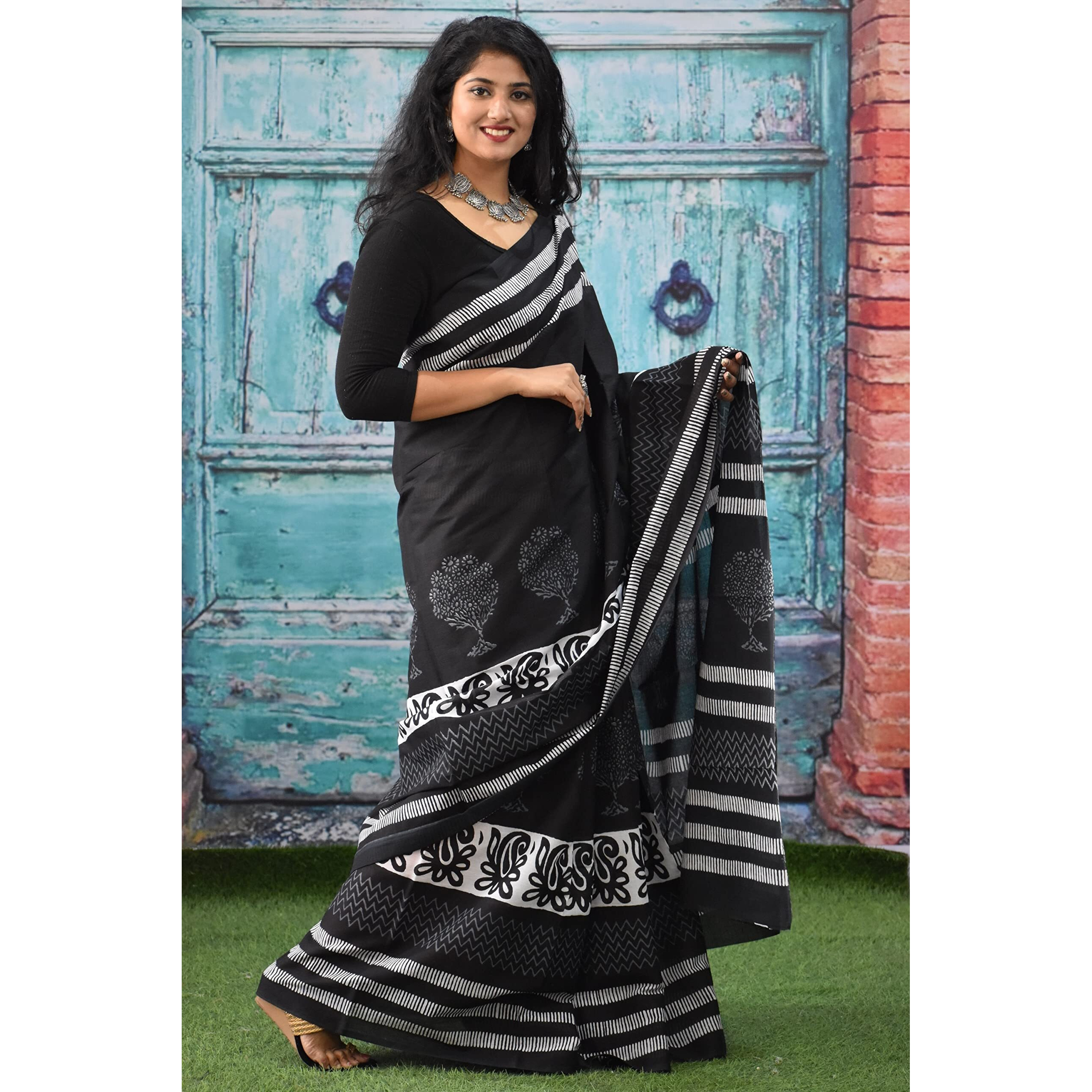 JALTHER Handicrafts Womens Ikat Hand Block Print Jaipuri Cotton Mulmul Saree with Blouse Piece - Black_007