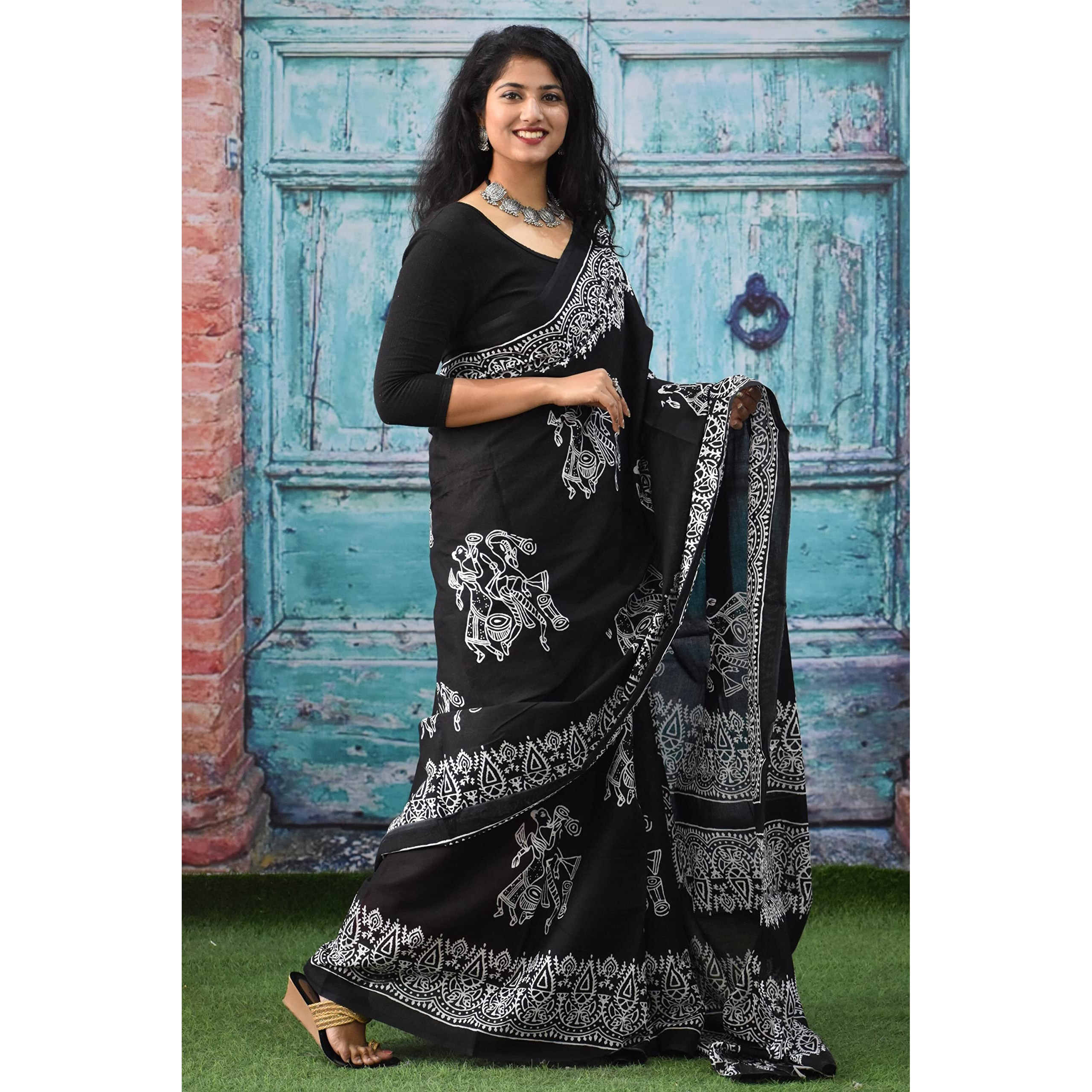 JALTHER Handicrafts Womens Ikat Hand Block Print Jaipuri Cotton Mulmul Saree with Blouse Piece - Black_007