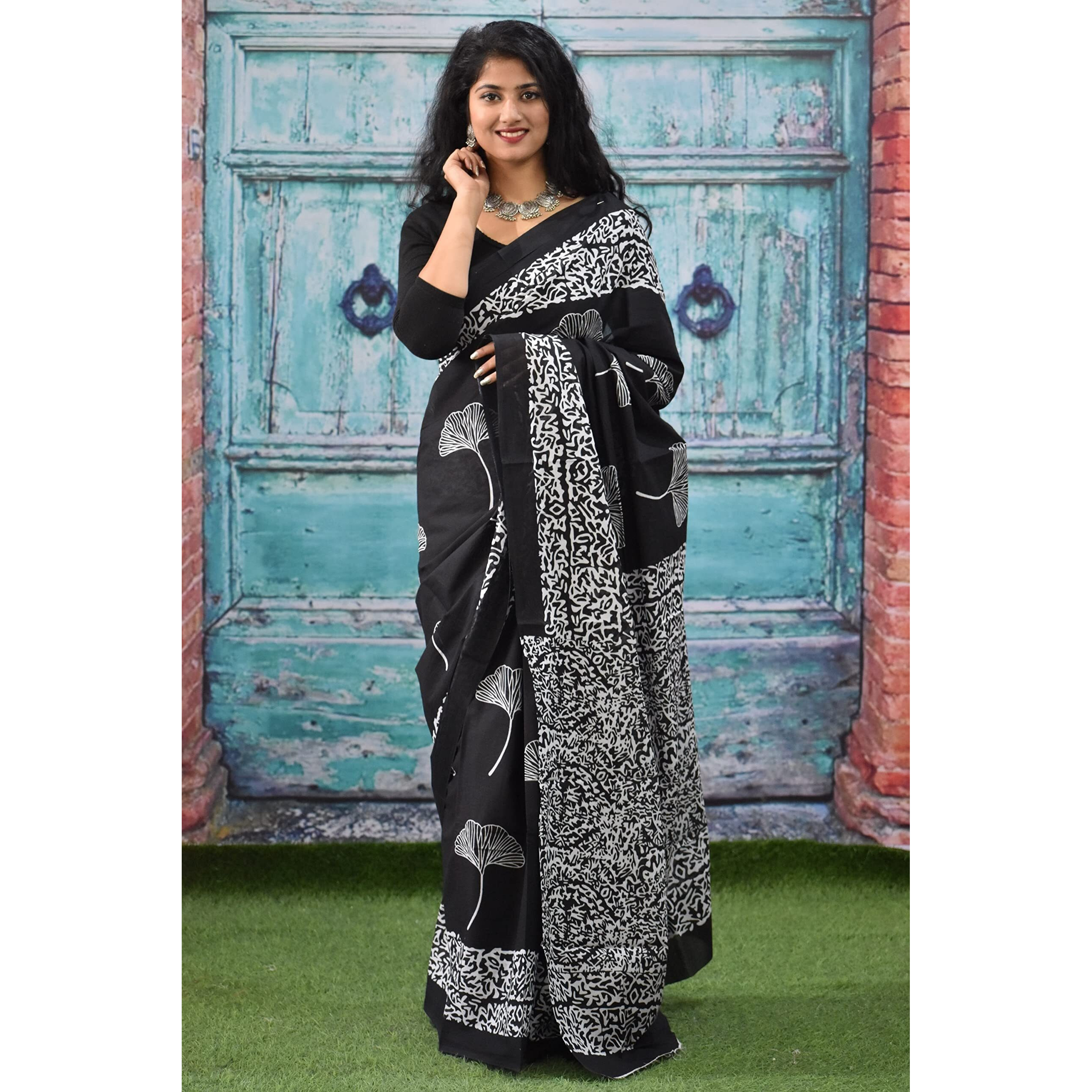 JALTHER Handicrafts Womens Ikat Hand Block Print Jaipuri Cotton Mulmul Saree with Blouse Piece - Black_004