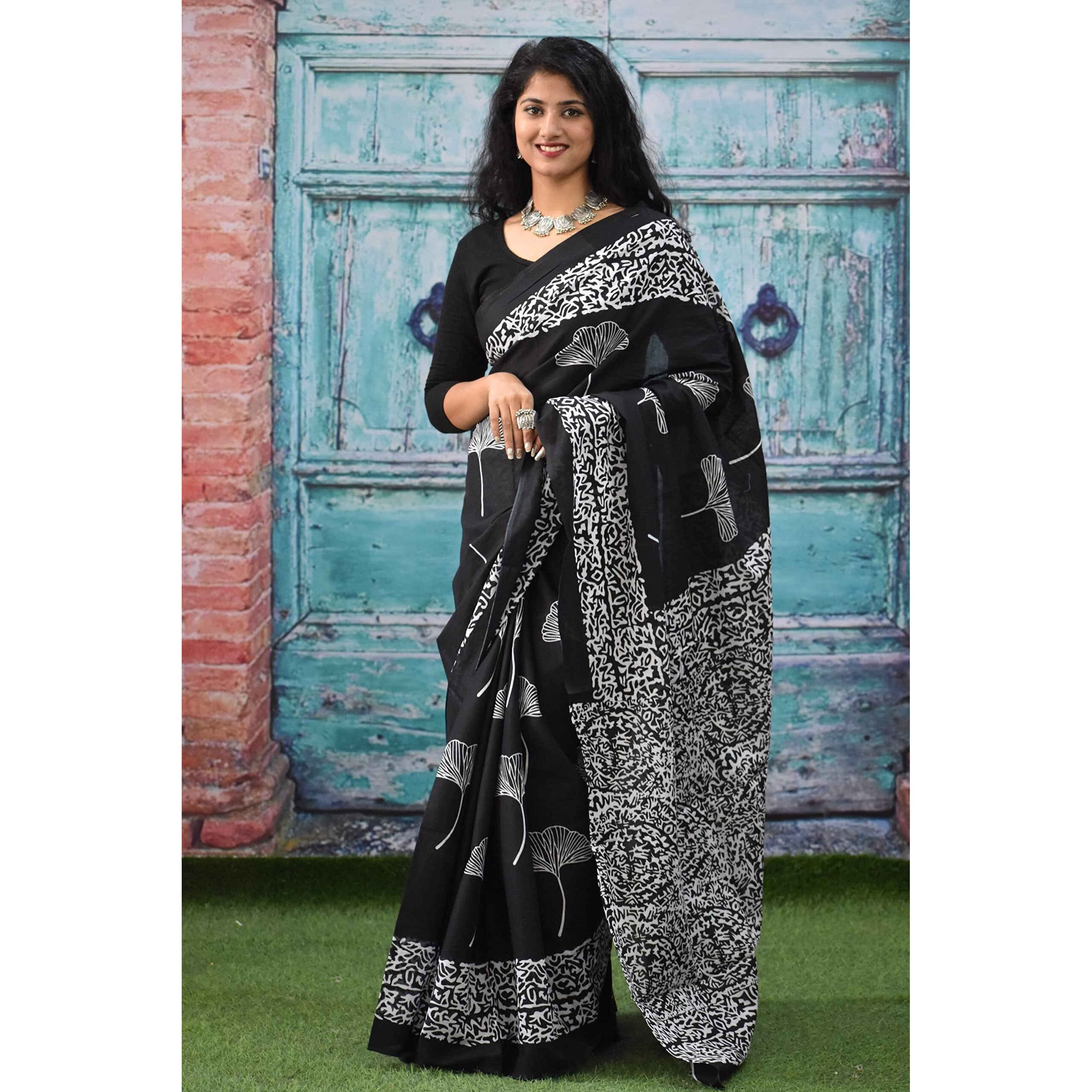 JALTHER Handicrafts Womens Ikat Hand Block Print Jaipuri Cotton Mulmul Saree with Blouse Piece - Black_004