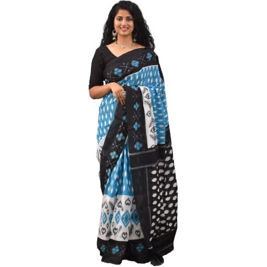 JALTHER Handicrafts Womens Ikat Hand Block Print Jaipuri Cotton Mulmul Saree with Blouse Piece - Turquise_235
