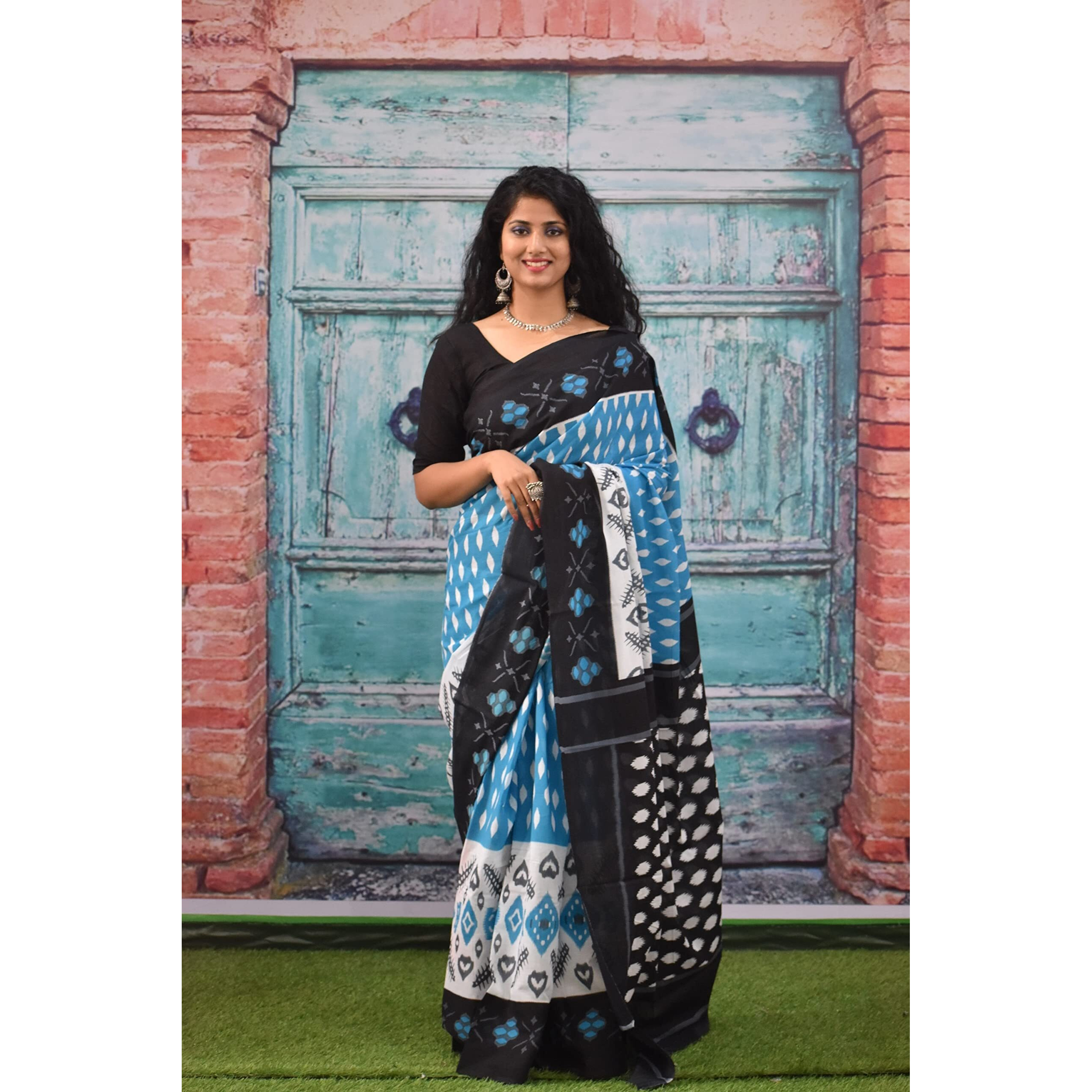 JALTHER Handicrafts Womens Ikat Hand Block Print Jaipuri Cotton Mulmul Saree with Blouse Piece - Turquise_235