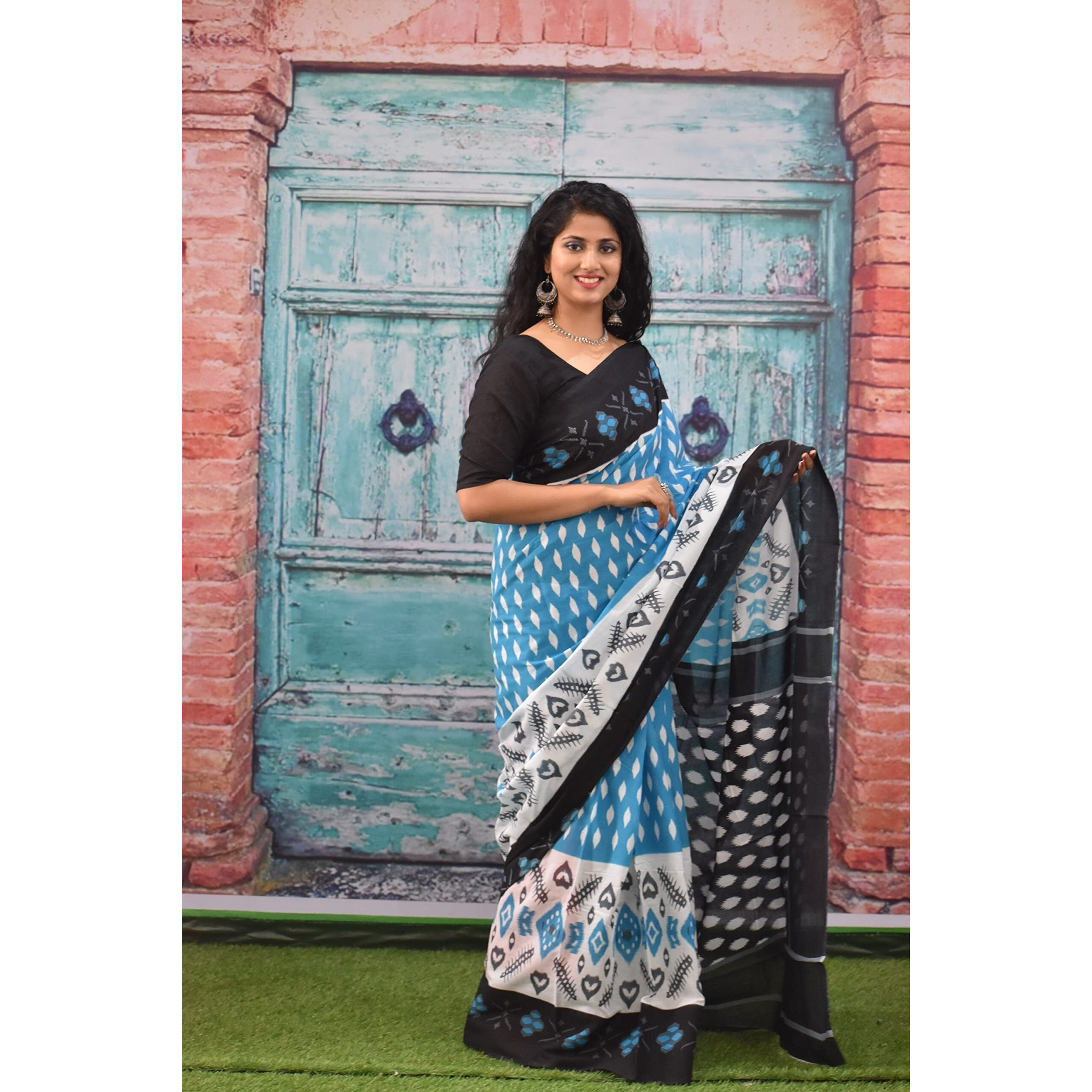 JALTHER Handicrafts Womens Ikat Hand Block Print Jaipuri Cotton Mulmul Saree with Blouse Piece - Turquise_235