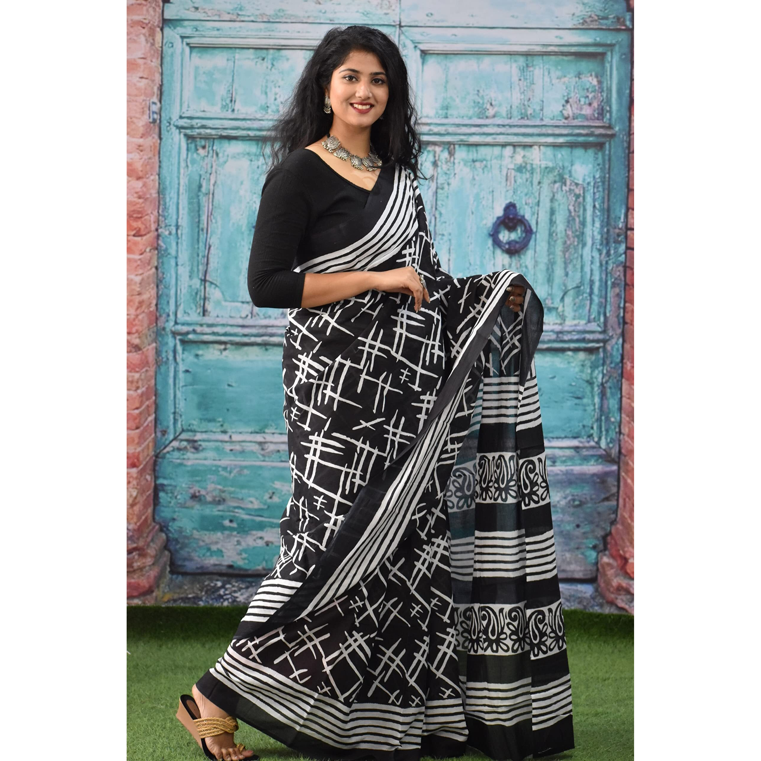 JALTHER Handicrafts Womens Ikat Hand Block Print Jaipuri Cotton Mulmul Saree with Blouse Piece - Black_002