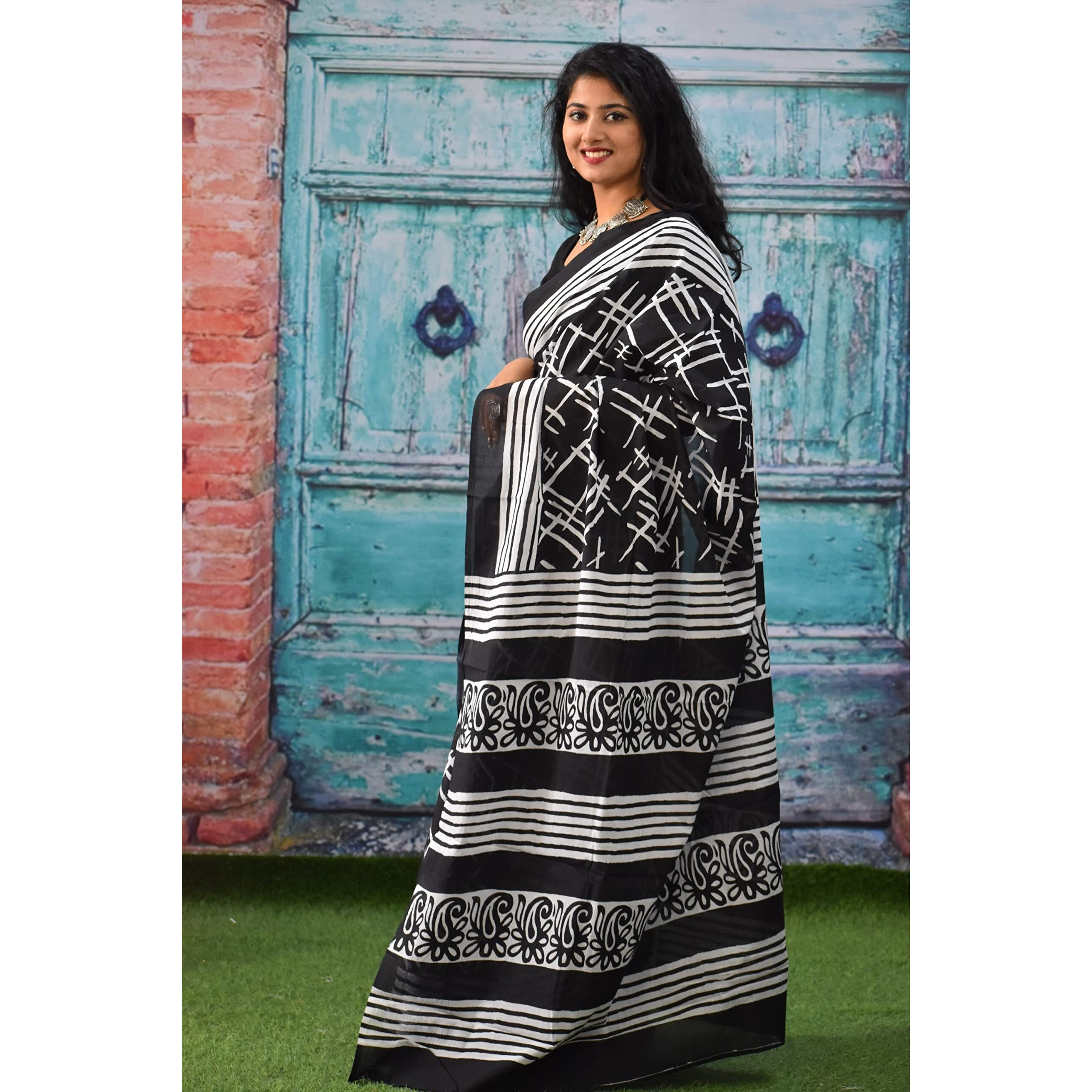 JALTHER Handicrafts Womens Ikat Hand Block Print Jaipuri Cotton Mulmul Saree with Blouse Piece - Black_002