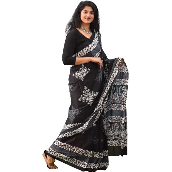 JALTHER Handicrafts Womens Ikat Hand Block Print Jaipuri Cotton Mulmul Saree with Blouse Piece - Black_003
