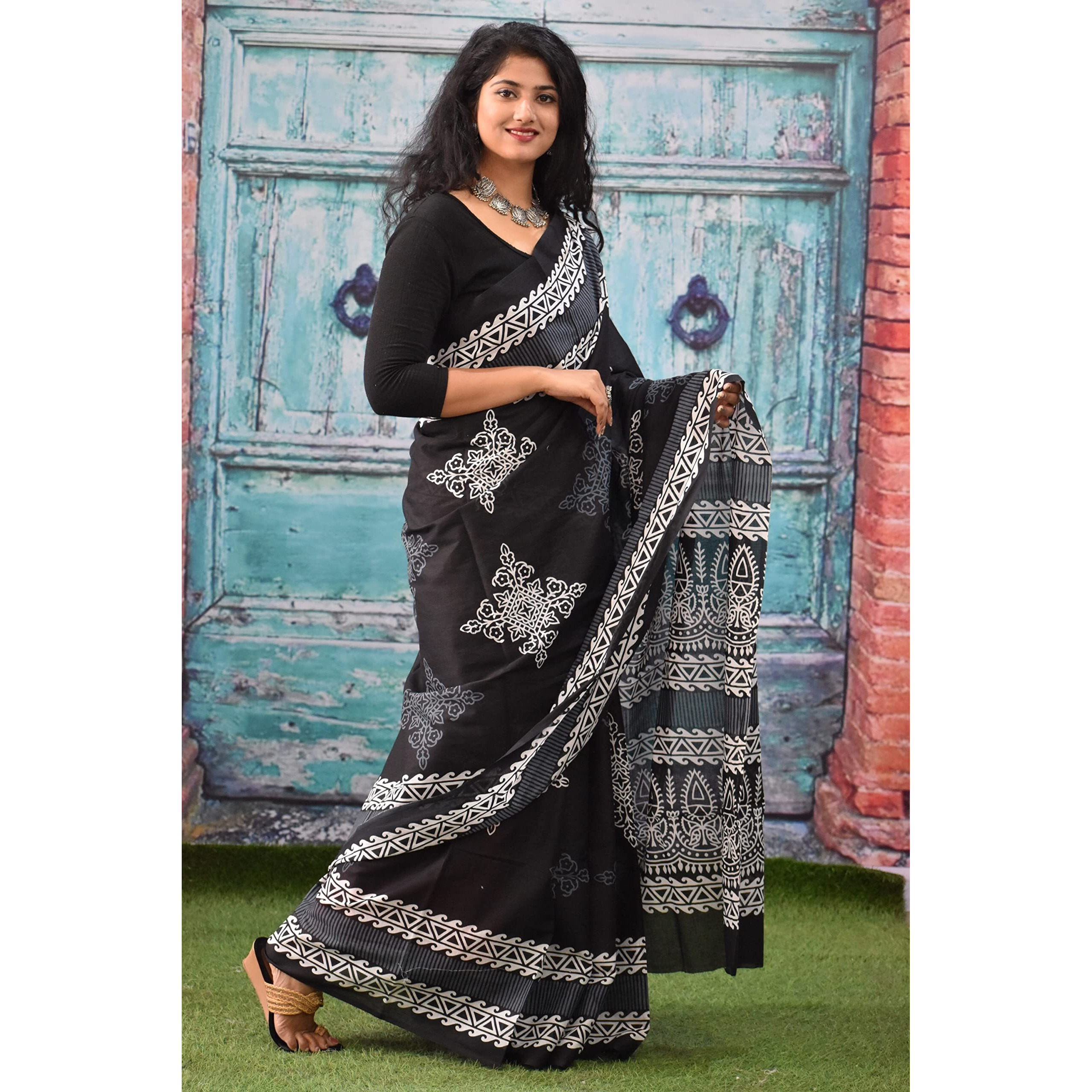 JALTHER Handicrafts Womens Ikat Hand Block Print Jaipuri Cotton Mulmul Saree with Blouse Piece - Black_003