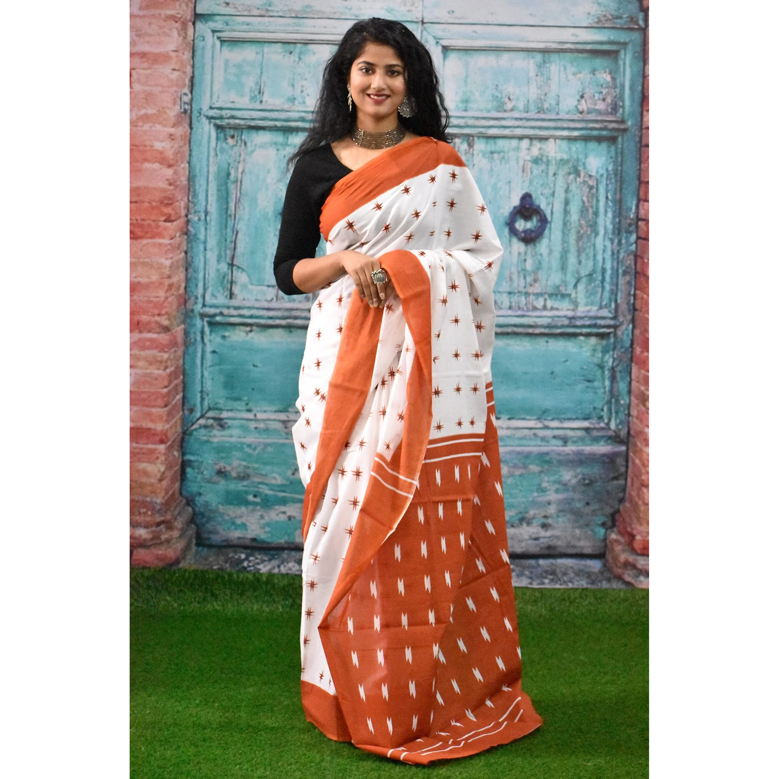 JALTHER Handicrafts Womens Ikat Hand Block Print Jaipuri Cotton Mulmul Saree with Blouse Piece - Maroon_230