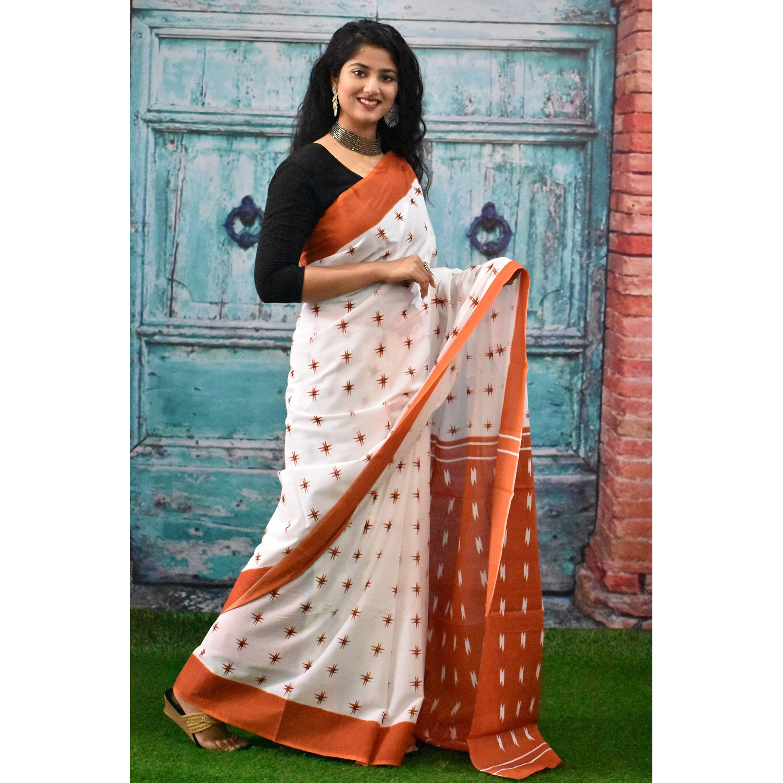 JALTHER Handicrafts Womens Ikat Hand Block Print Jaipuri Cotton Mulmul Saree with Blouse Piece - Maroon_230