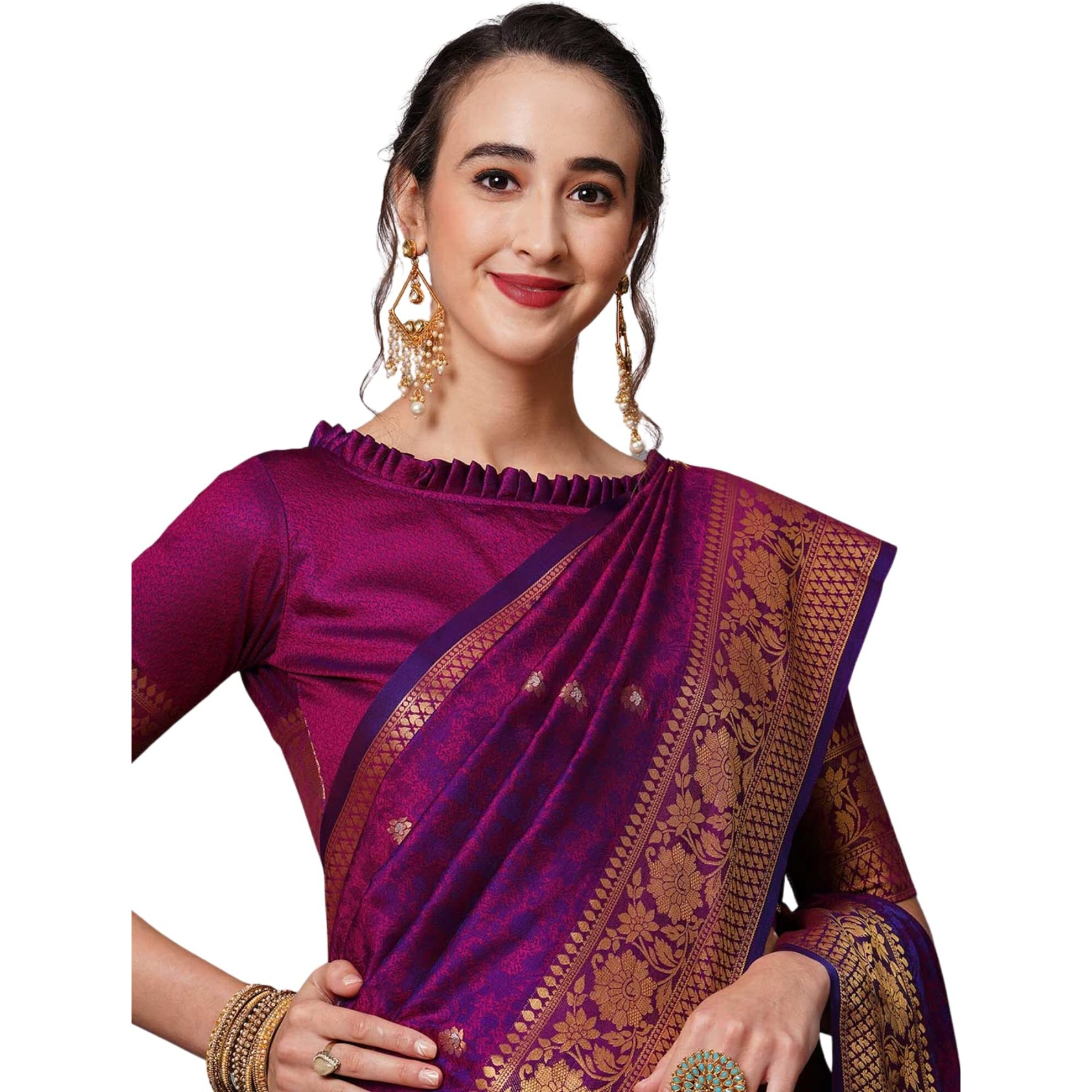 AKHILAM Womens Silk Blend Woven Design Saree With Unstitched Blouse Piece(Wine_KLND197004)