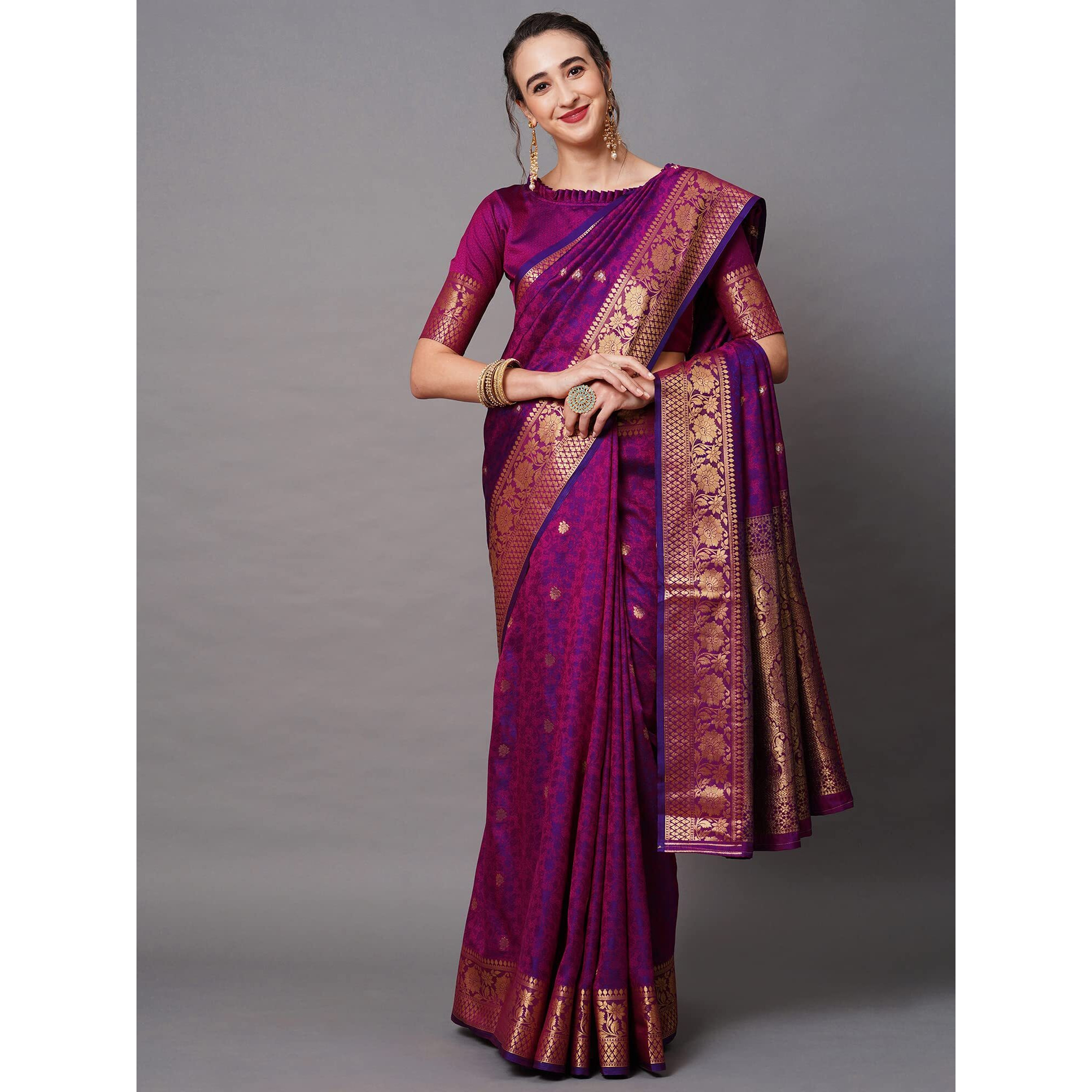 AKHILAM Womens Silk Blend Woven Design Saree With Unstitched Blouse Piece(Wine_KLND197004)
