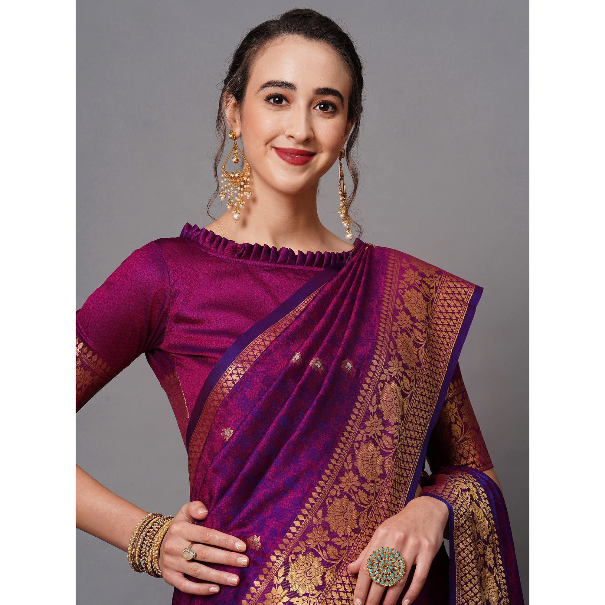 AKHILAM Womens Silk Blend Woven Design Saree With Unstitched Blouse Piece(Wine_KLND197004)