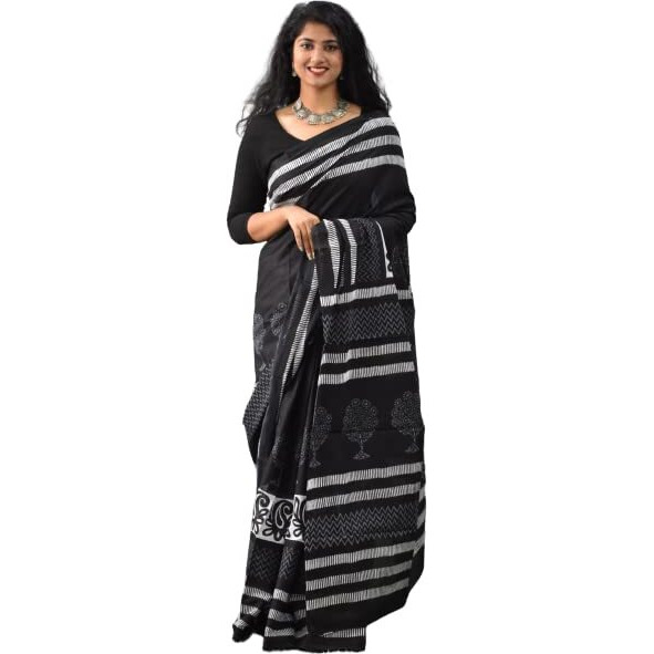 JALTHER Handicrafts Womens Ikat Hand Block Print Jaipuri Cotton Mulmul Saree with Blouse Piece - Black_006