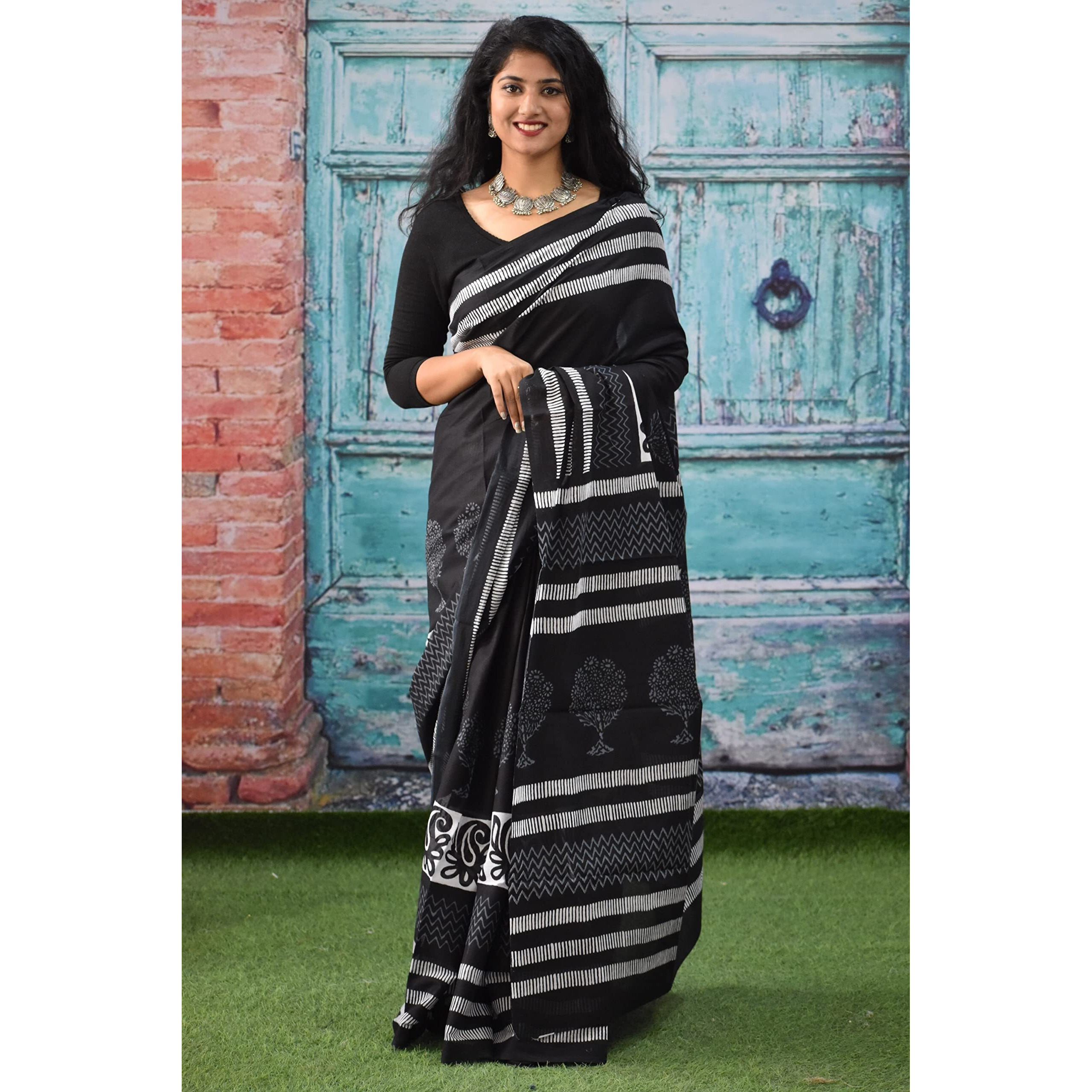 JALTHER Handicrafts Womens Ikat Hand Block Print Jaipuri Cotton Mulmul Saree with Blouse Piece - Black_006
