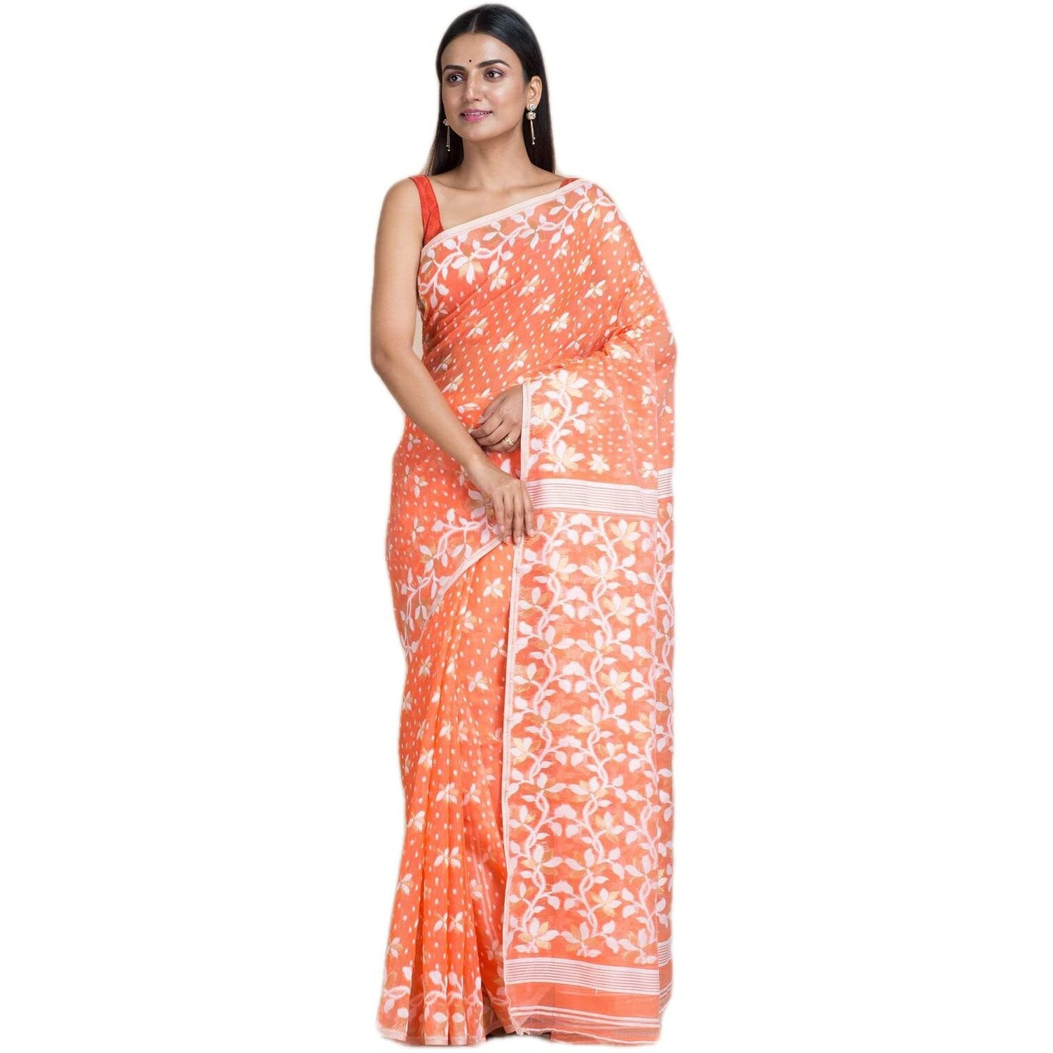Laxmi Handloom Womens Traditional Bengal Cotton Silk Soft Jamdani Saree without Blouse Piece (Orange)