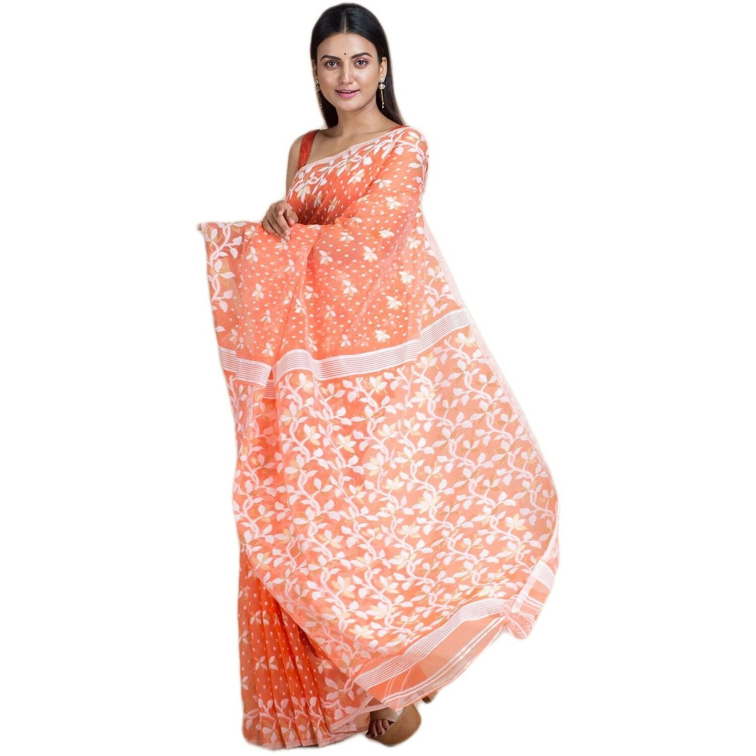 Laxmi Handloom Womens Traditional Bengal Cotton Silk Soft Jamdani Saree without Blouse Piece (Orange)