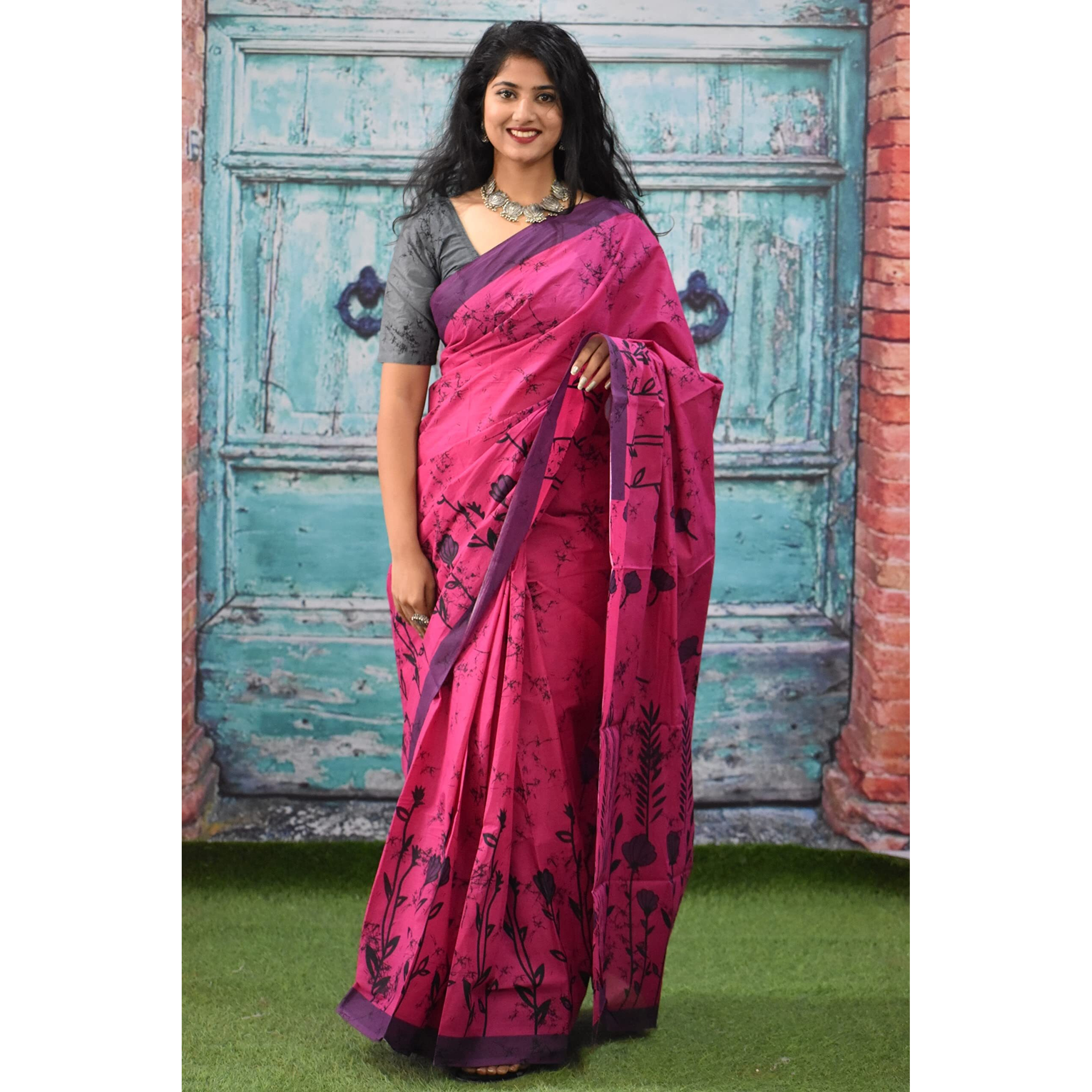 JALTHER Handicrafts Womens Ikat Hand Block Print Jaipuri Cotton Mulmul Saree with Blouse Piece - Pink_176