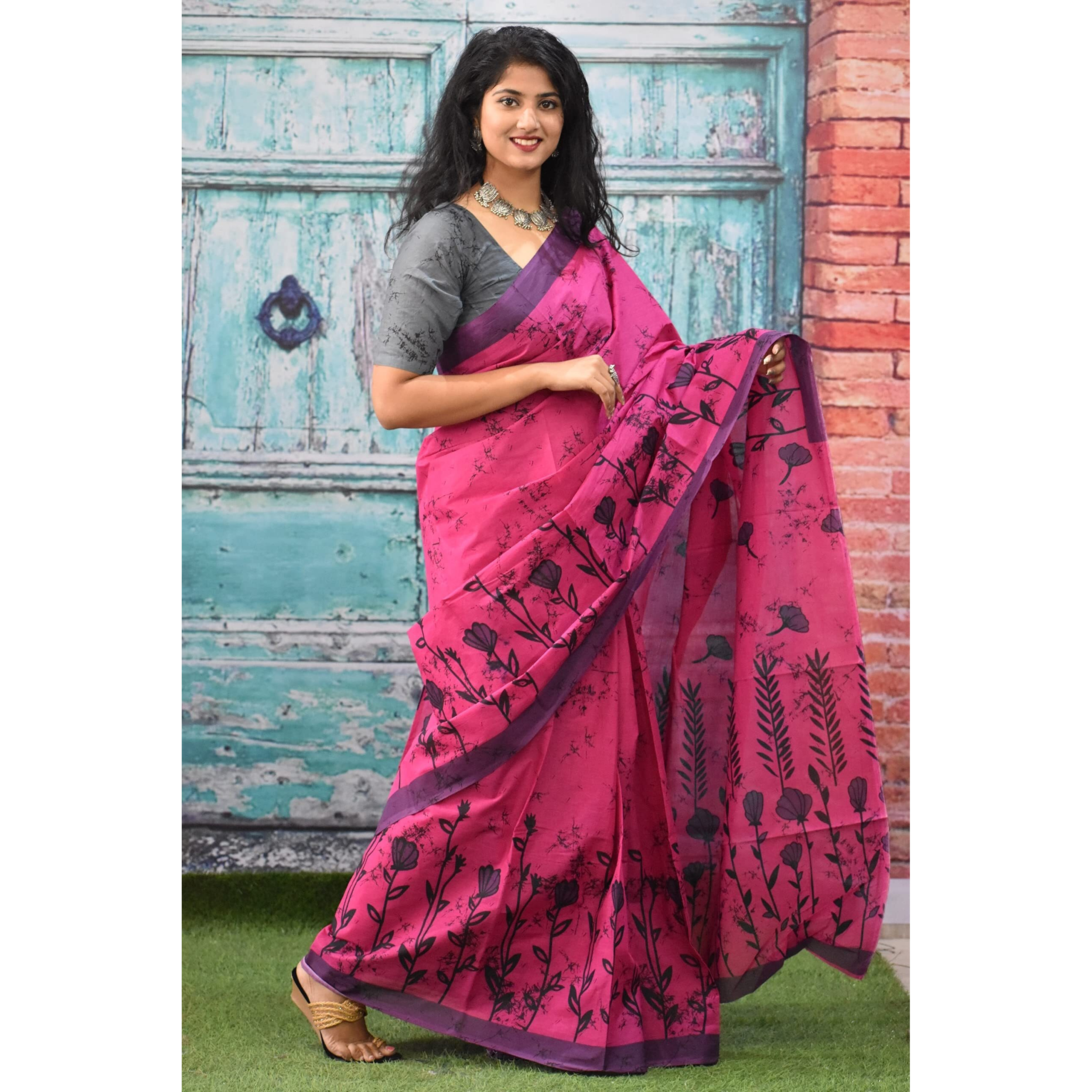 JALTHER Handicrafts Womens Ikat Hand Block Print Jaipuri Cotton Mulmul Saree with Blouse Piece - Pink_176