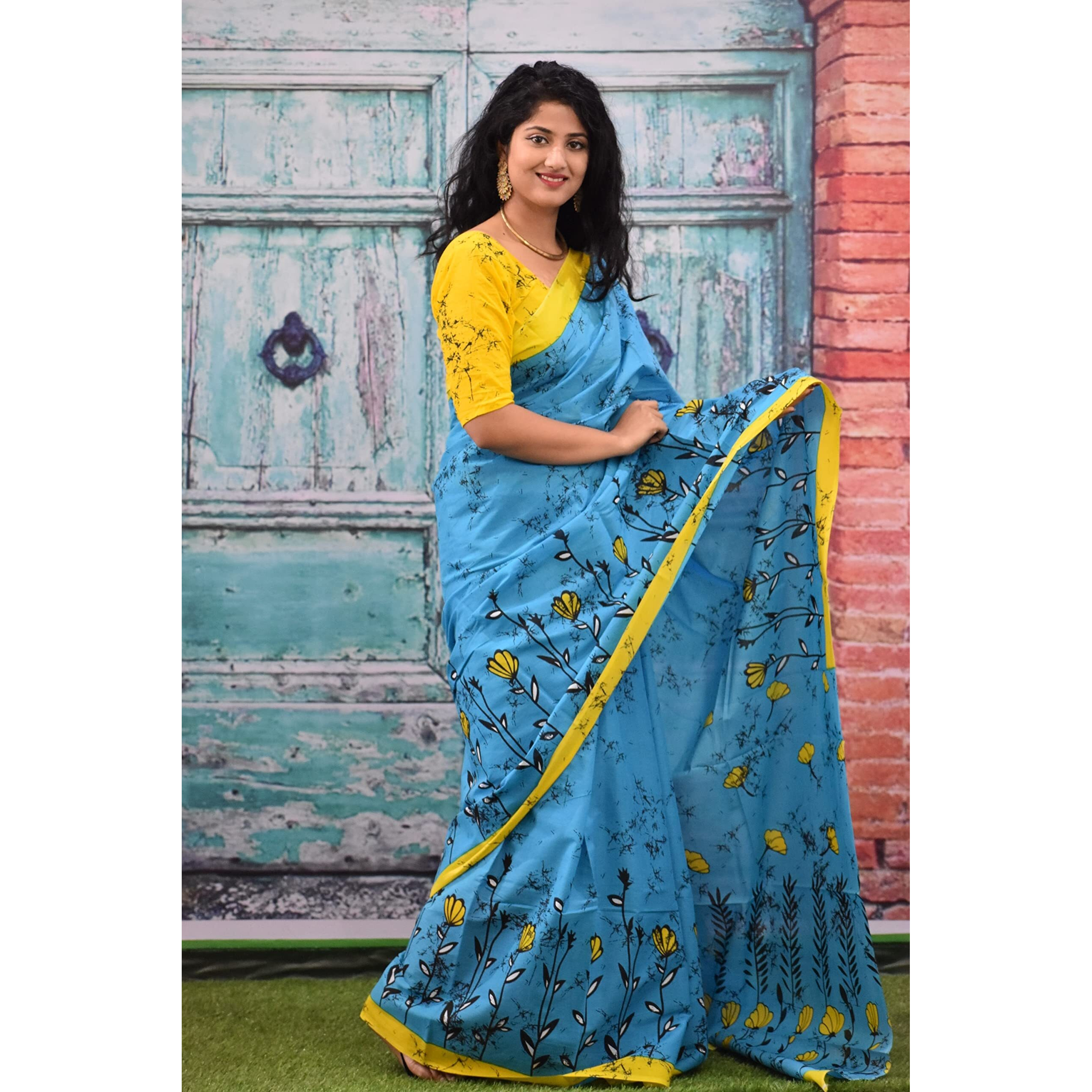 JALTHER Handicrafts Womens Ikat Hand Block Print Jaipuri Cotton Mulmul Saree with Blouse Piece - Turquiose_178