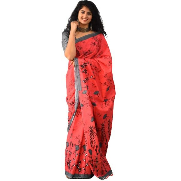 JALTHER Handicrafts Womens Ikat Hand Block Print Jaipuri Cotton Mulmul Saree with Blouse Piece -Multi_183