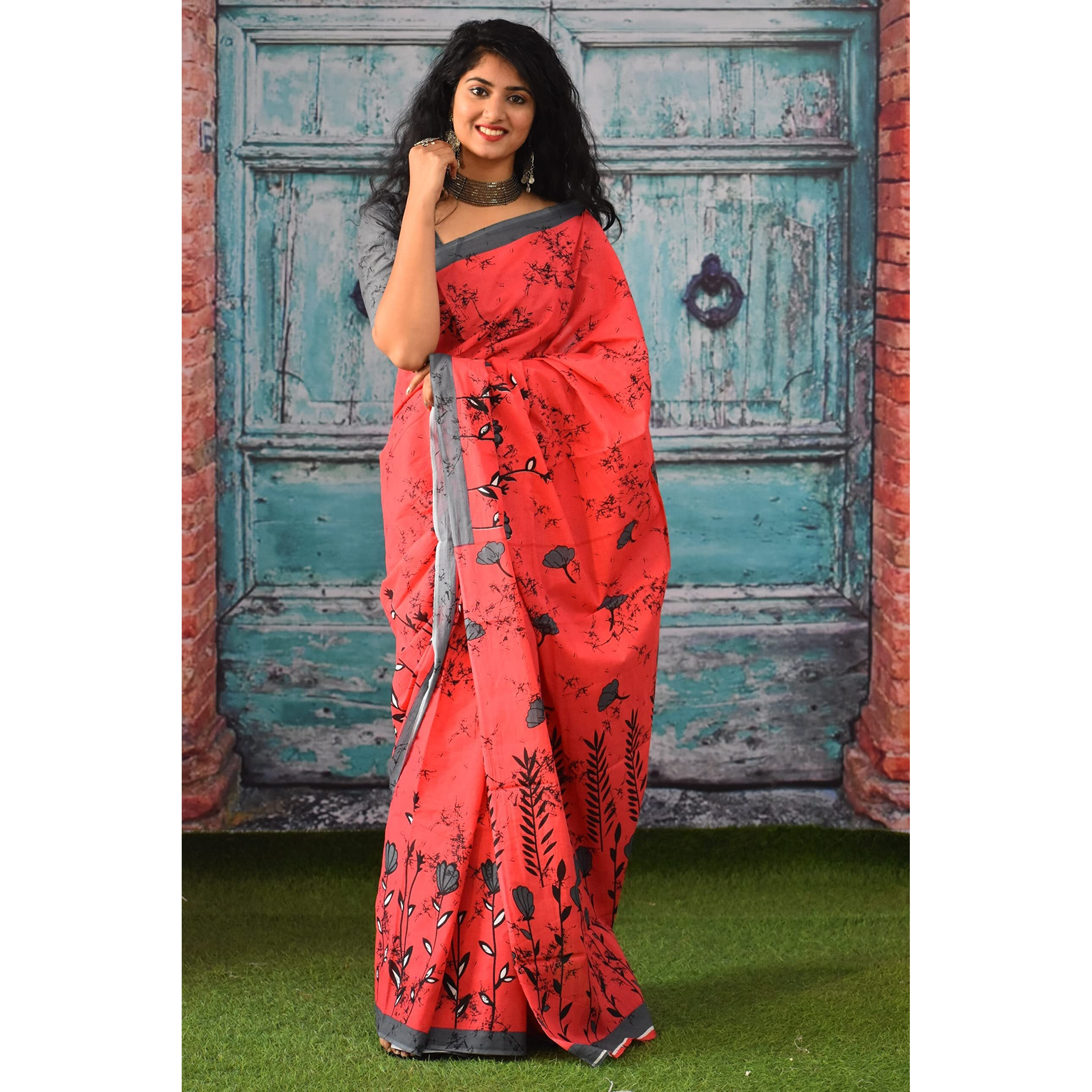 JALTHER Handicrafts Womens Ikat Hand Block Print Jaipuri Cotton Mulmul Saree with Blouse Piece -Multi_183