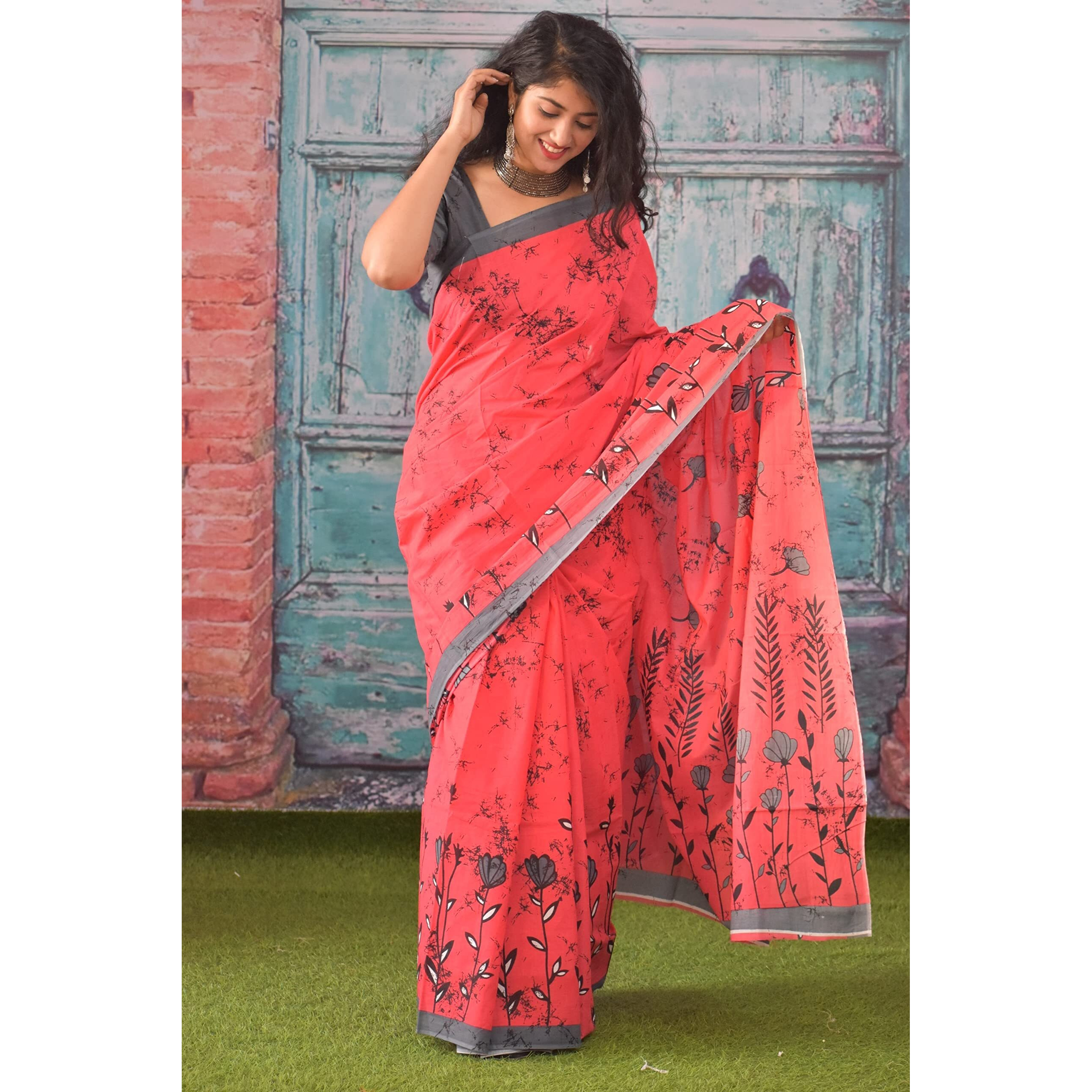 JALTHER Handicrafts Womens Ikat Hand Block Print Jaipuri Cotton Mulmul Saree with Blouse Piece -Multi_183