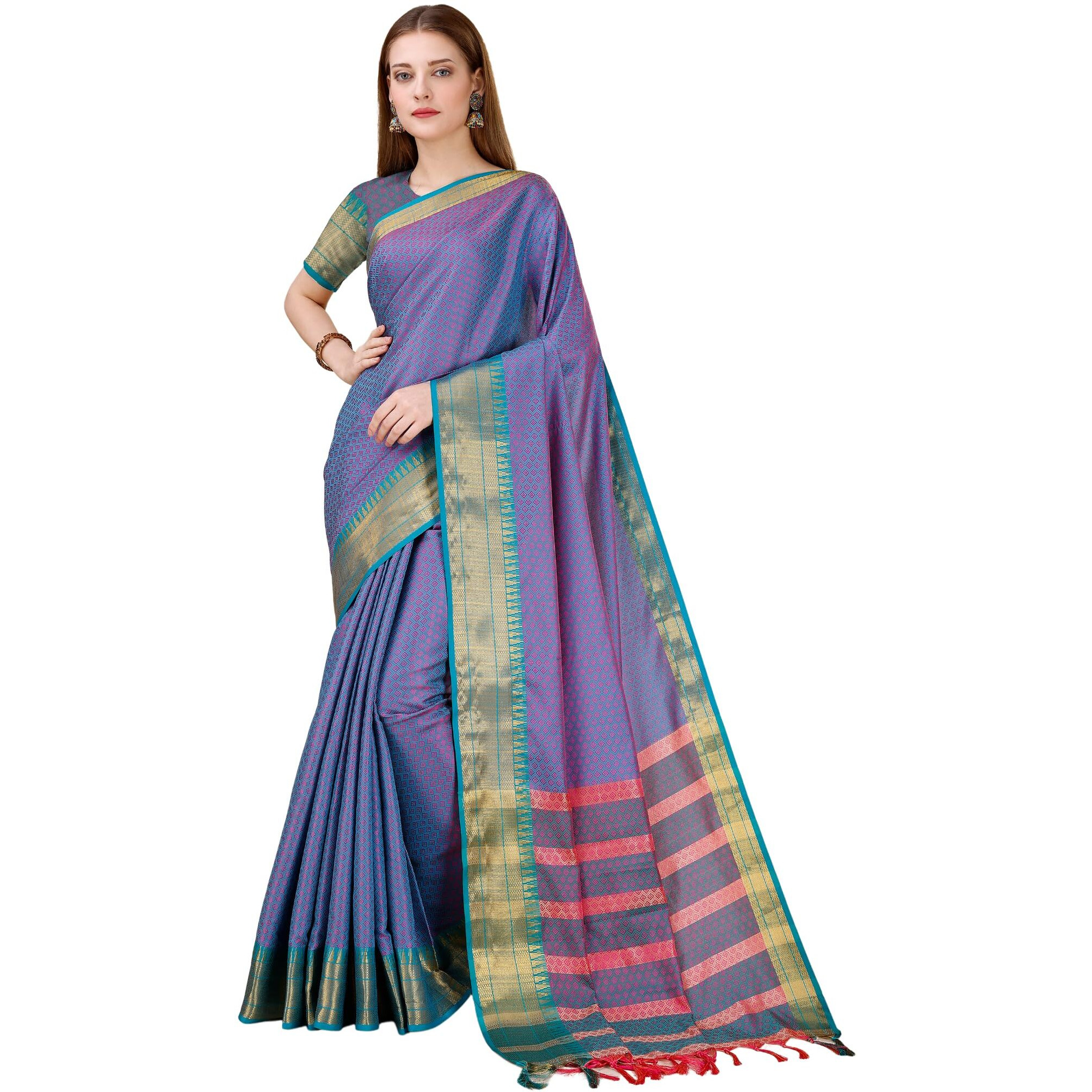 Jaanvi fashion Womens Letest Cotton Banarasi Silk Tanchoi Woven Saree With Blouse For Women(tanchoi-skyblue)