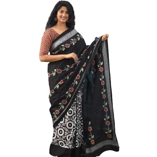 JALTHER Handicrafts Womens Ikat Hand Block Print Jaipuri Cotton Mulmul Saree with Blouse Piece - Black_013