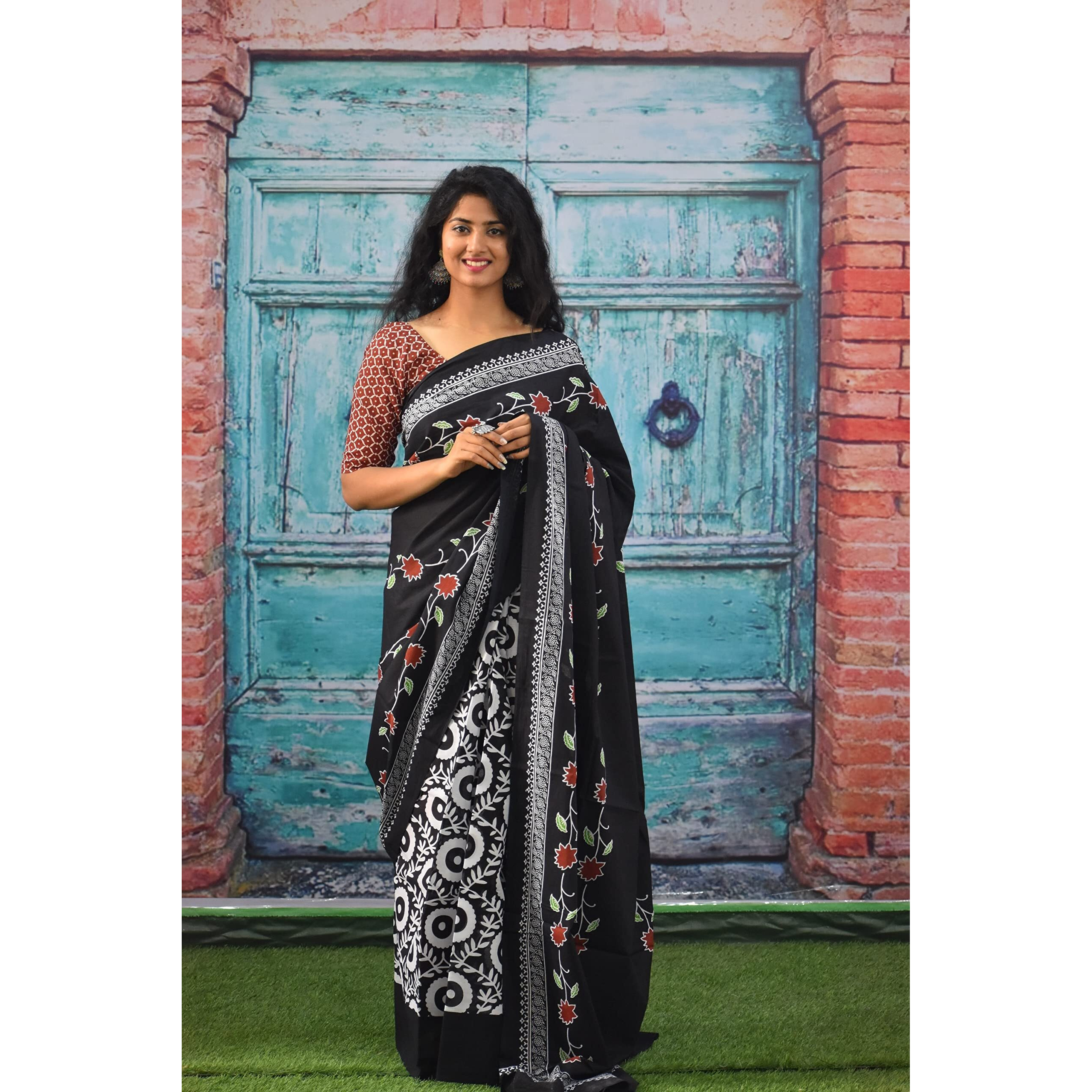 JALTHER Handicrafts Womens Ikat Hand Block Print Jaipuri Cotton Mulmul Saree with Blouse Piece - Black_013