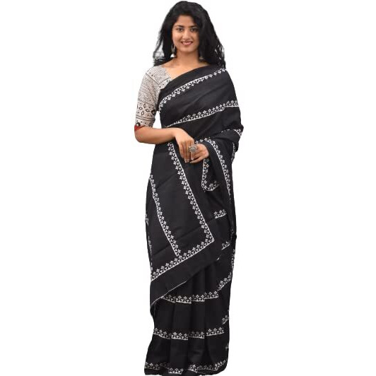 JALTHER Handicrafts Womens Ikat Hand Block Print Jaipuri Cotton Mulmul Saree with Blouse Piece - Black_014