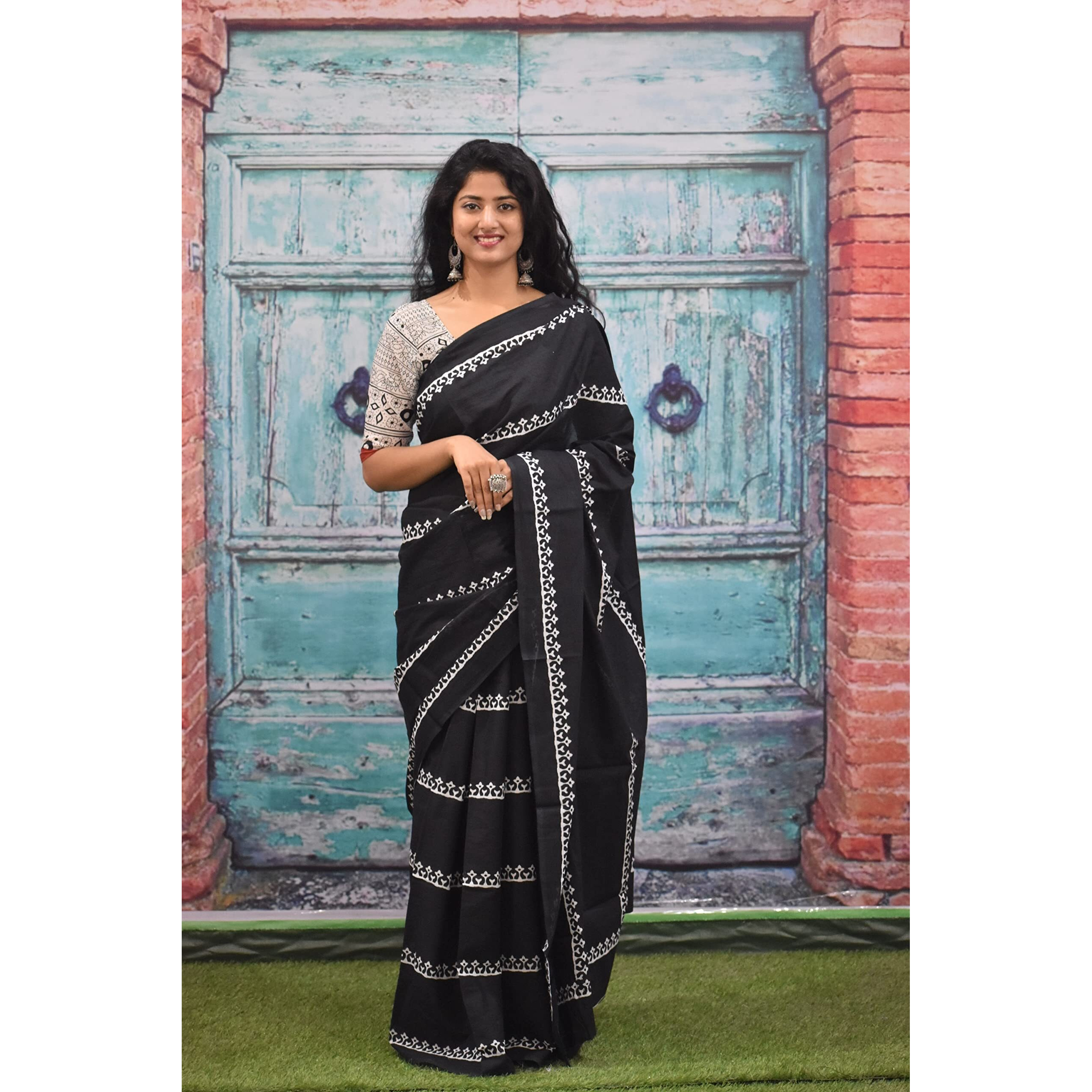 JALTHER Handicrafts Womens Ikat Hand Block Print Jaipuri Cotton Mulmul Saree with Blouse Piece - Black_014