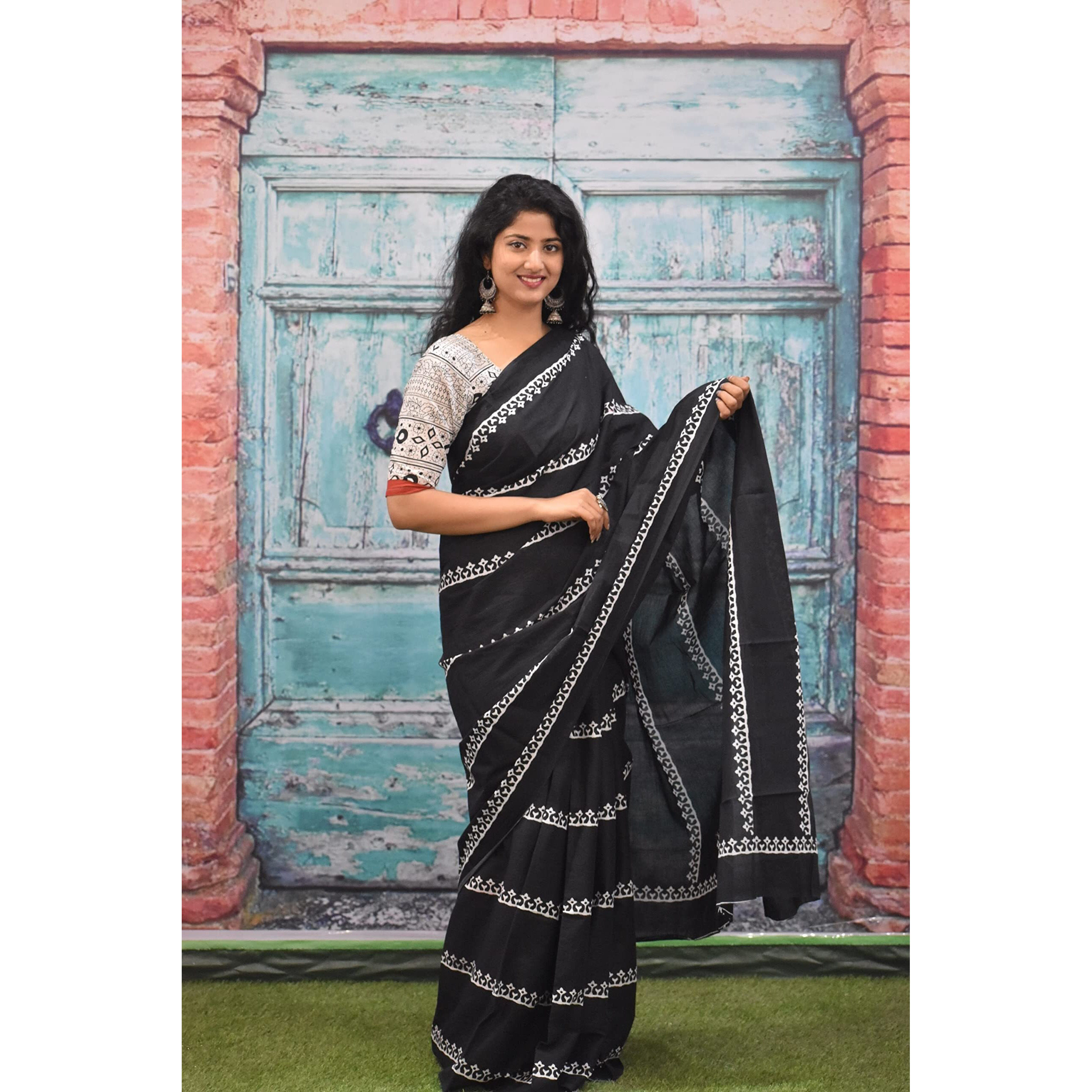 JALTHER Handicrafts Womens Ikat Hand Block Print Jaipuri Cotton Mulmul Saree with Blouse Piece - Black_014
