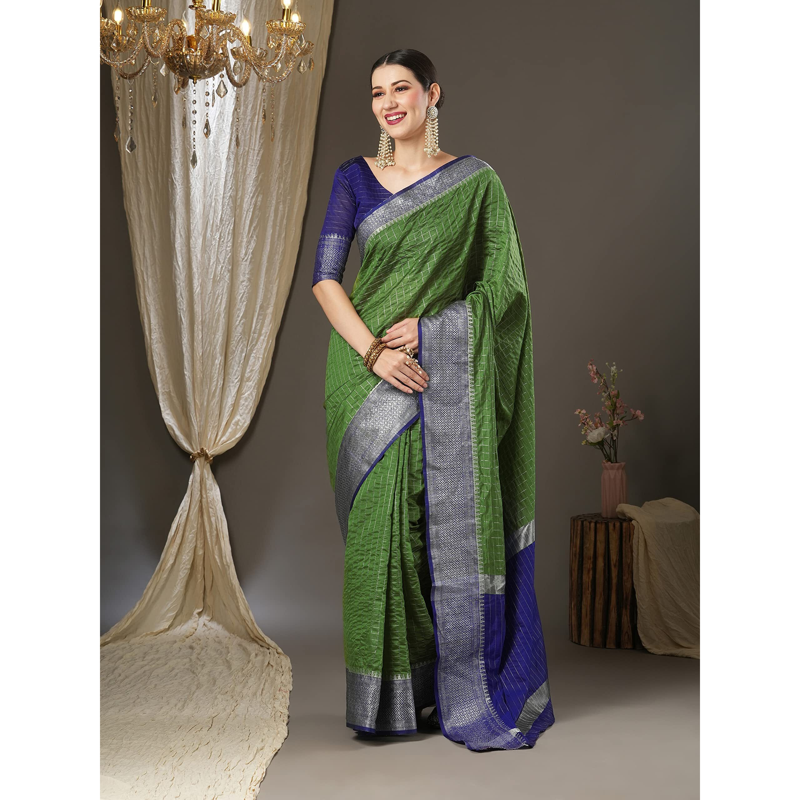 AKHILAM Womens Woven Design Aura Silk Taant Saree With Unstitched Blouse Piece (Green_11AURA1103)