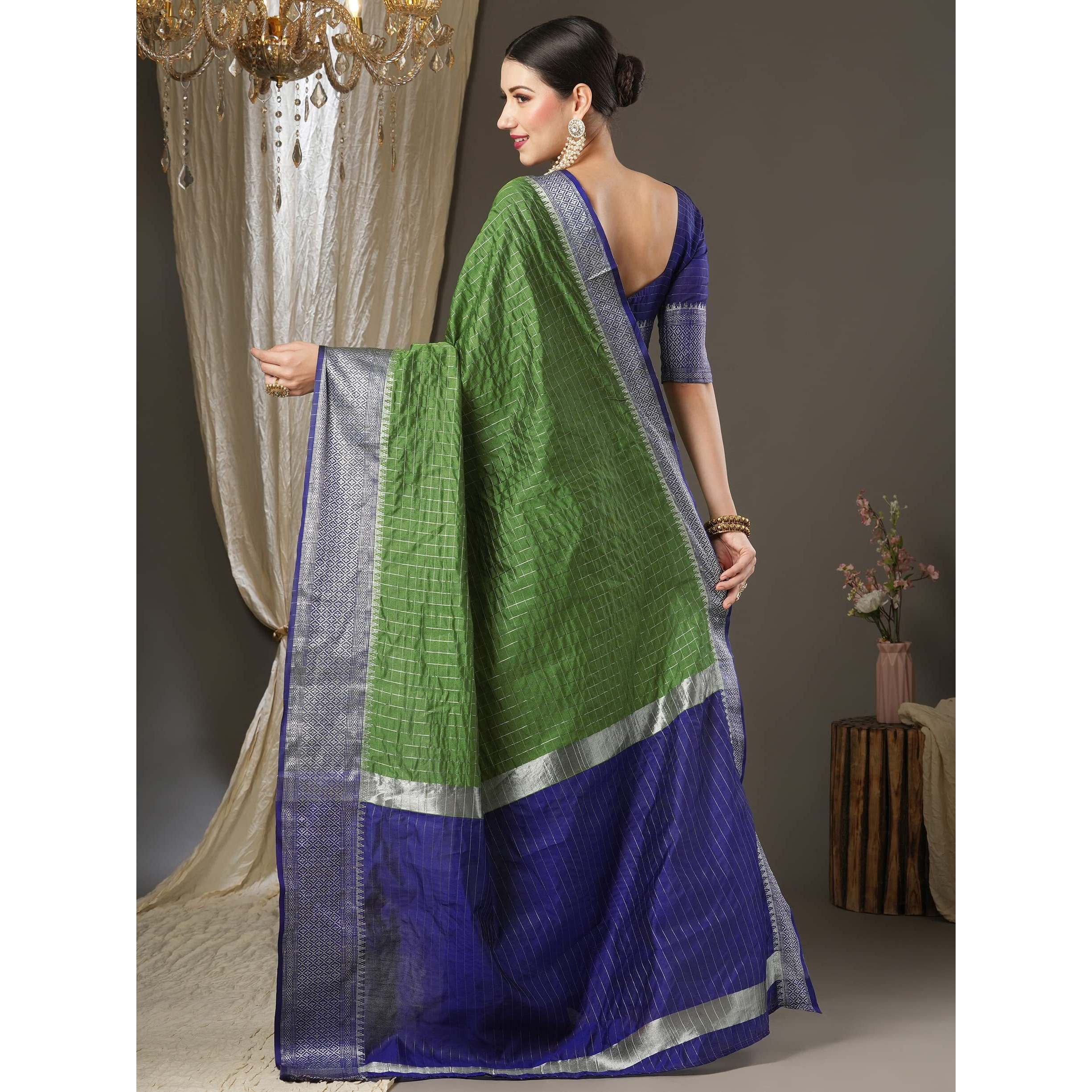 AKHILAM Womens Woven Design Aura Silk Taant Saree With Unstitched Blouse Piece (Green_11AURA1103)