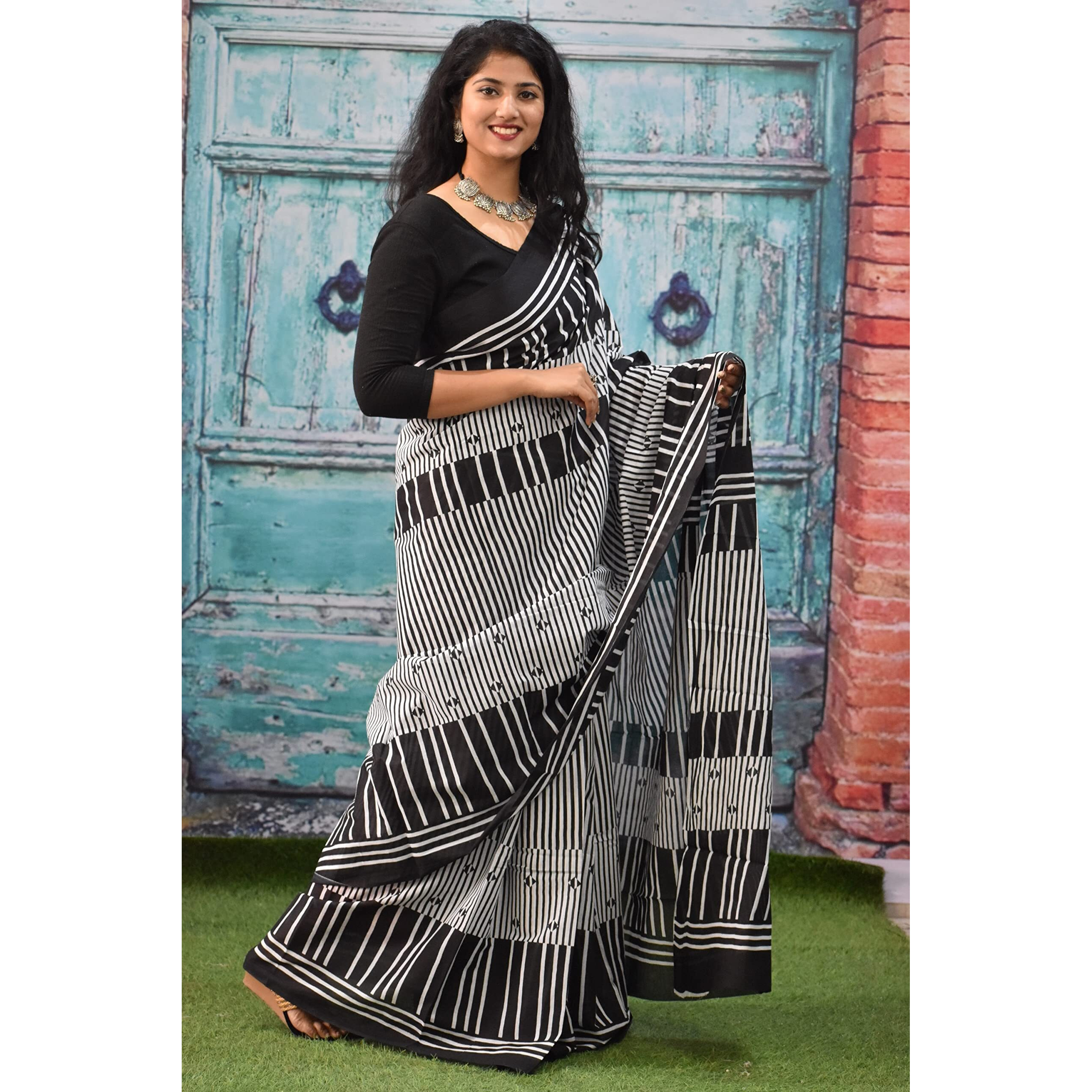 JALTHER Handicrafts Womens Ikat Hand Block Print Jaipuri Cotton Mulmul Saree with Blouse Piece - Black_008